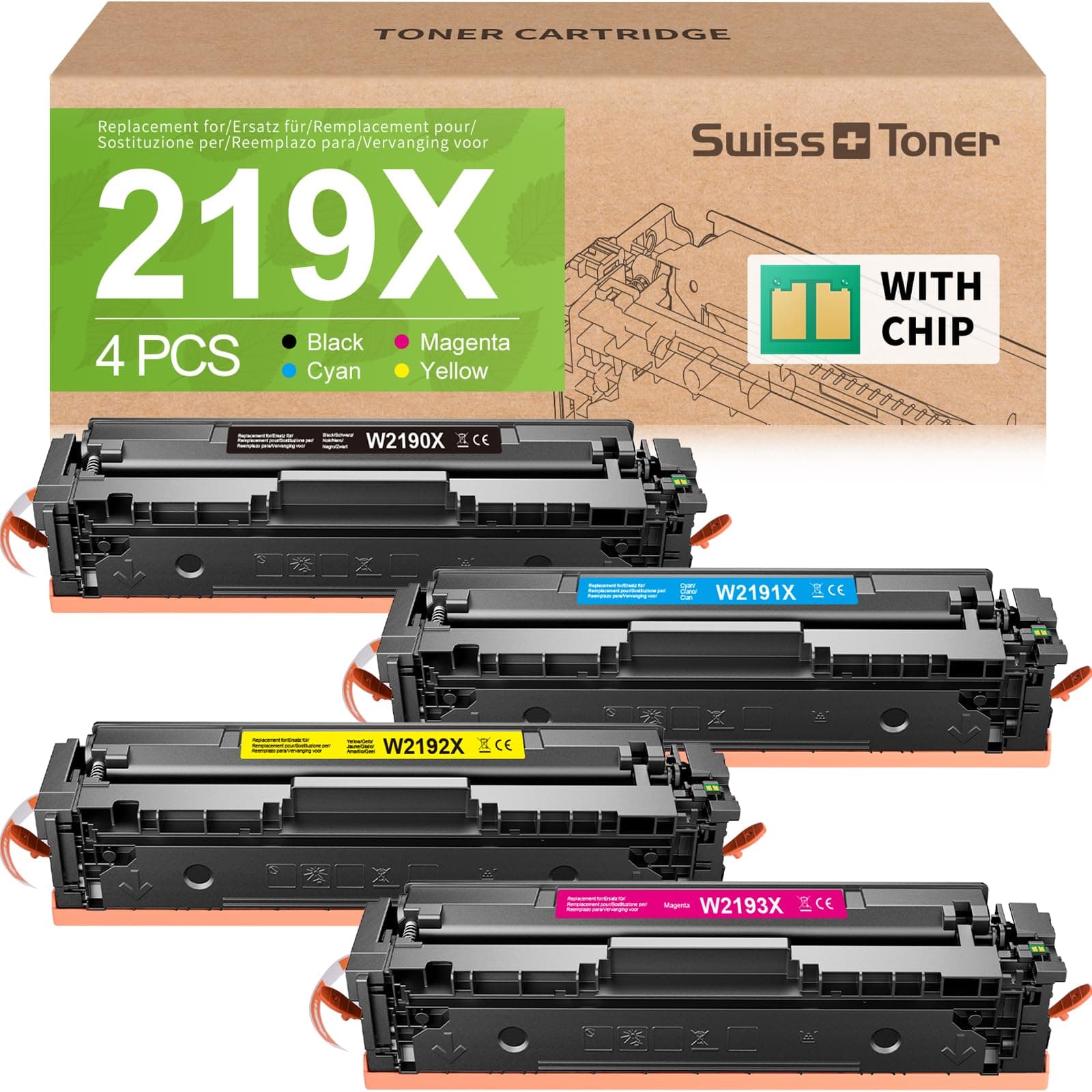 swiss toner 219X (avec Puce) Compatible pour HP 219X Toner Set pourr HP Color LaserJet Pro MFP 3302FDWG MFP 3302FDNG MFP 3302SDWG pour 219A 219X W2190X W2191X W2192X W2193X