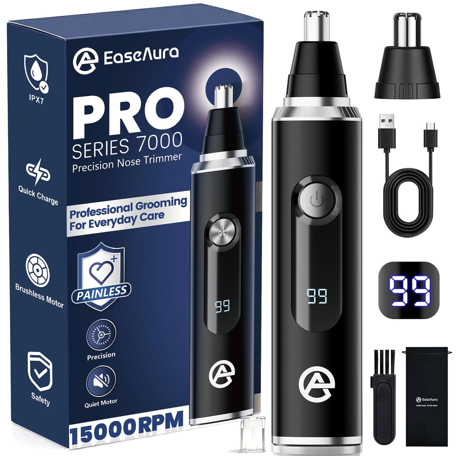 Cortapelos Nariz y Oreja para Hombres y Mujeres, Tijeras Nariz y Orejas. | Corte Sin Dolor y Sin Tirones, USB-C Recargable, Pantalla LED, IPX7 Lavable, Cabezal 360°, Cuchillas de Acero Inoxidable