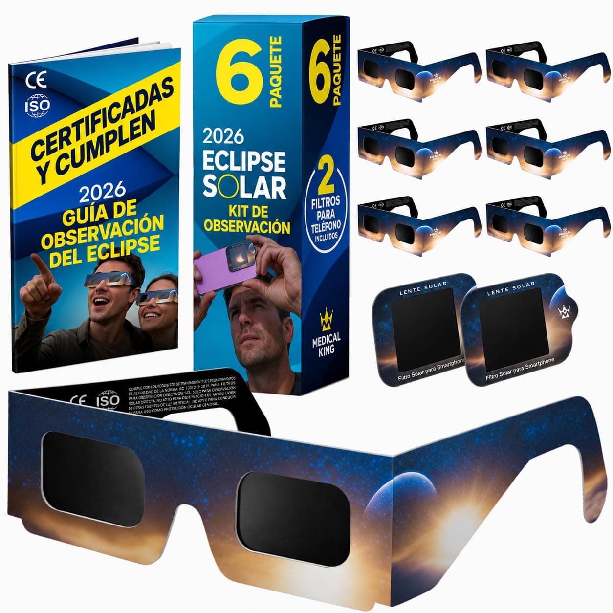 Medical king Gafas Eclipse Solar Homologadas ISO 12312-2 - Viene Con 2 Lentes Fotográficos Para Smartphone Aprobados según la norma ISO, con certificación CE: Gafas para ver eclipses solar 2026