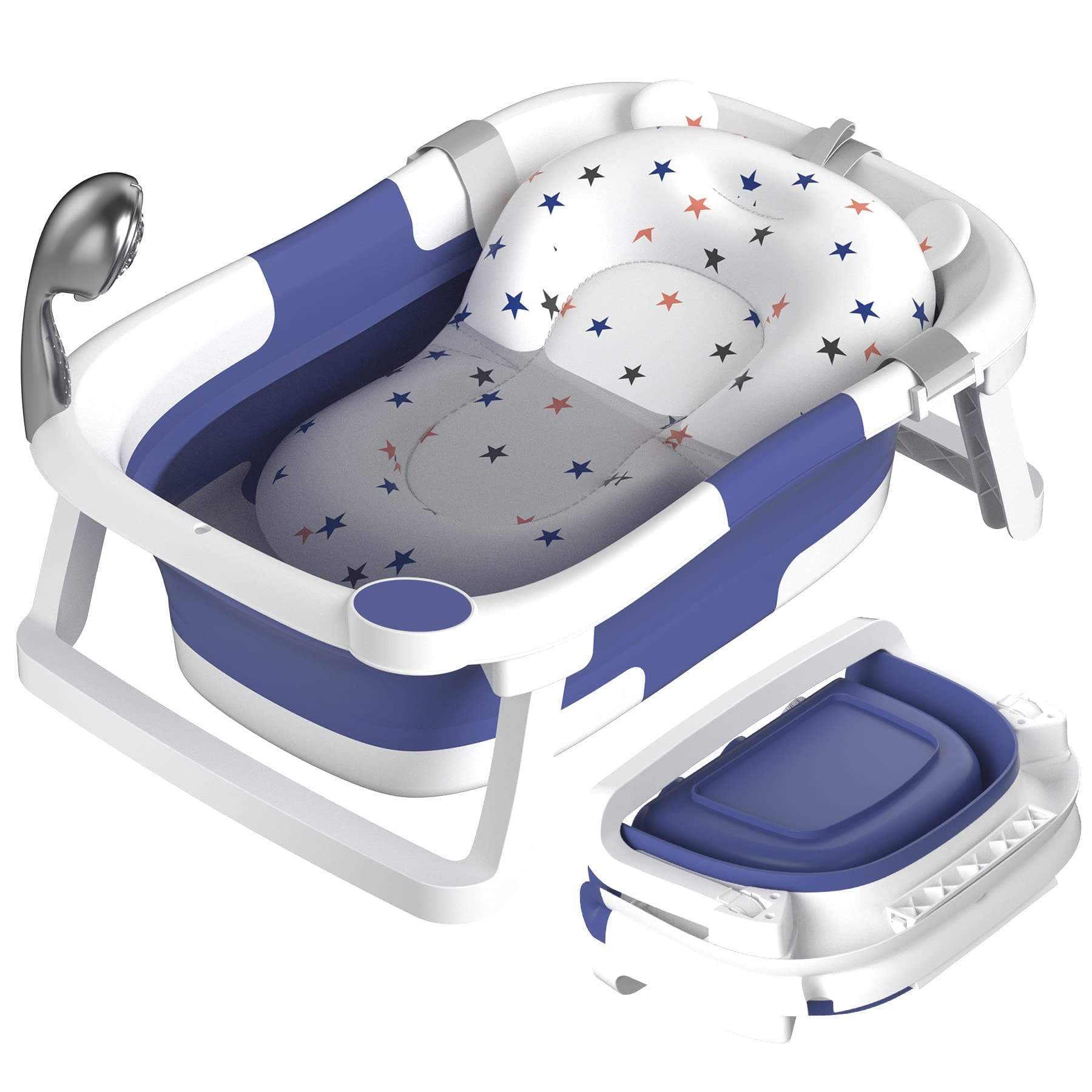 Rabb 1st Vaschetta Bagnetto Neonato Pieghevole, Vasca per Bambini Portatile con Tappetino Antiscivolo e Foro di Scarico,Nessun Termometro,Blu
