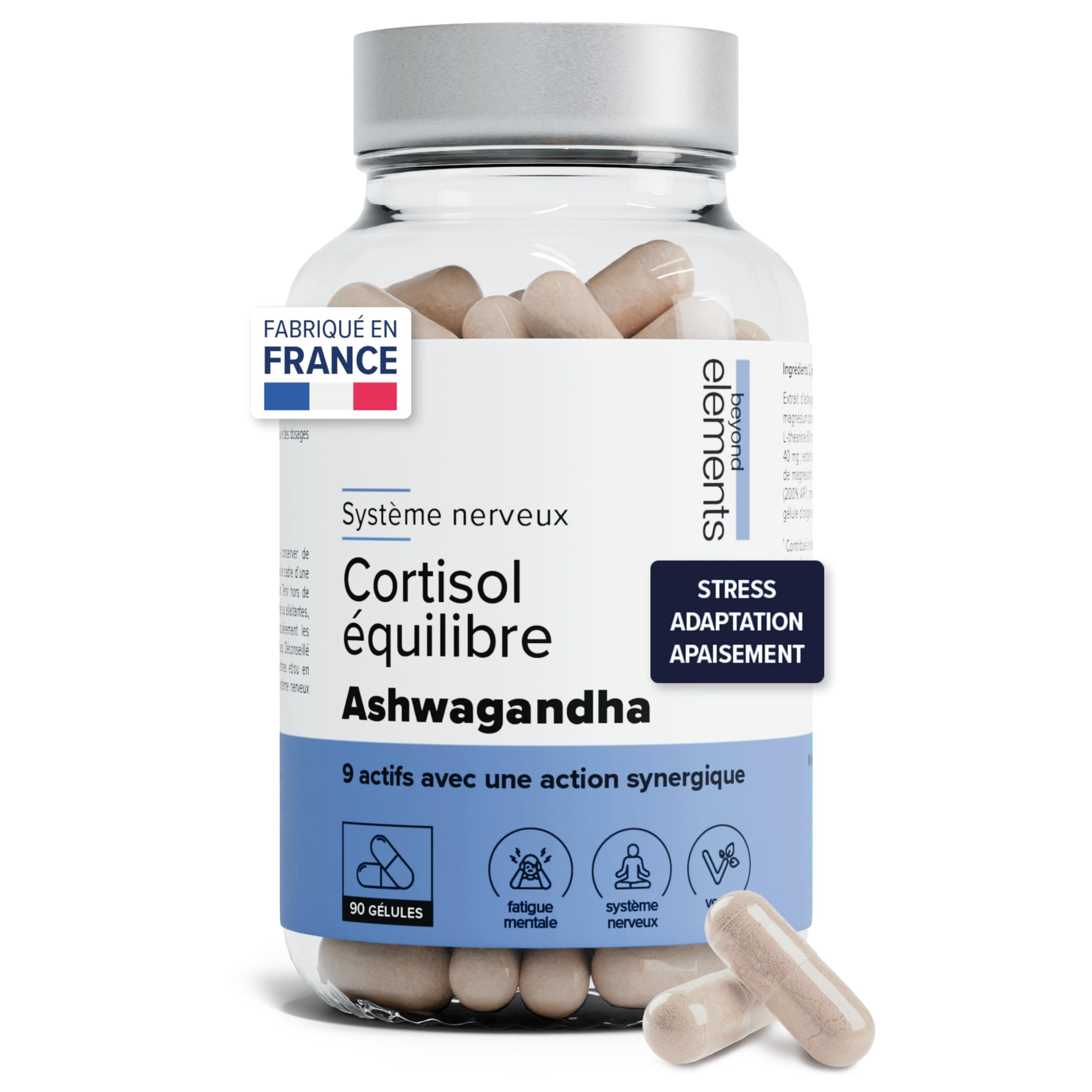 Cortisol Équilibre - Stress & Fatigue - Complexe de 9 Actifs Synergiques | Ashwagandha, Rhodiola & Bacopa - L-Théanine & L-Tryptophane - Magnésium, Chrome - 90 Gélules, Beyond Elements