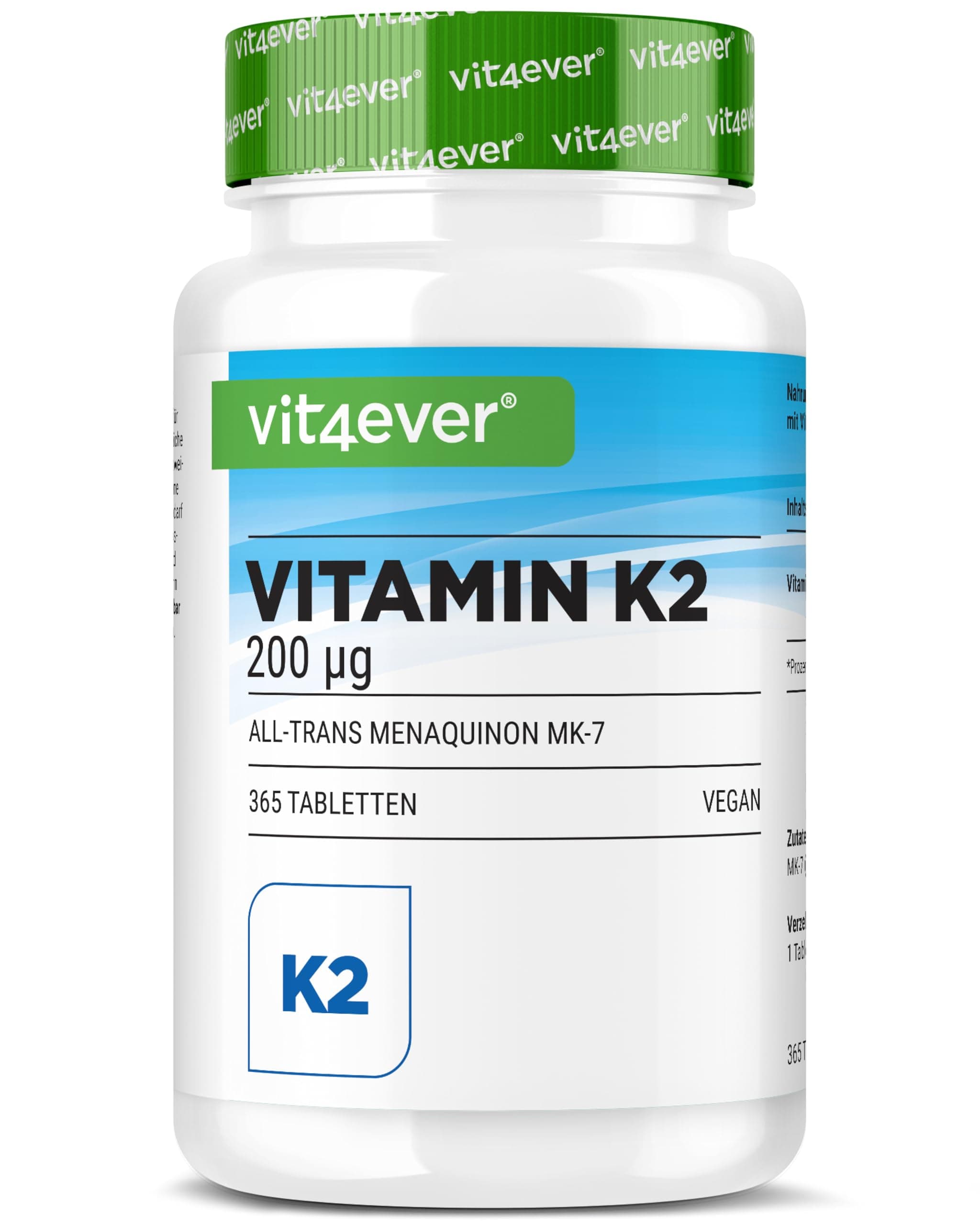 vit4ever Vitamin K2 MK7-365 Tabletten - 200 µg pro Tablette - All-trans Gehalt >99,7% MK-7 Menaquinon - Hochdosiert - Ohne unerwünschte Zusätze- Vegan