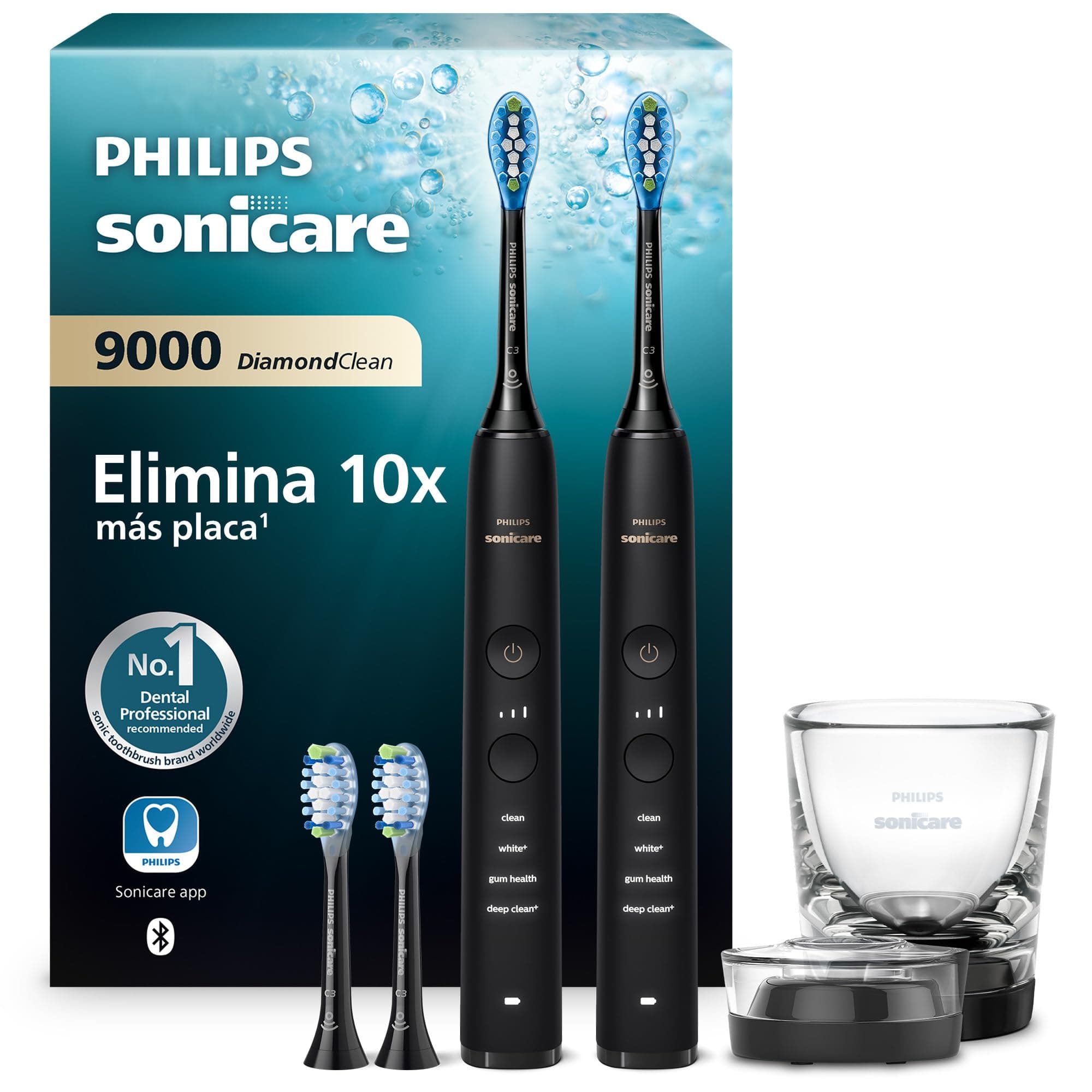Philips Sonicare DiamondClean 9000, cepillo dental eléctrico, paquete doble, cepillo dental sónico con aplicación, sensor de presión, vaso de carga, negro, modelo HX9914/63