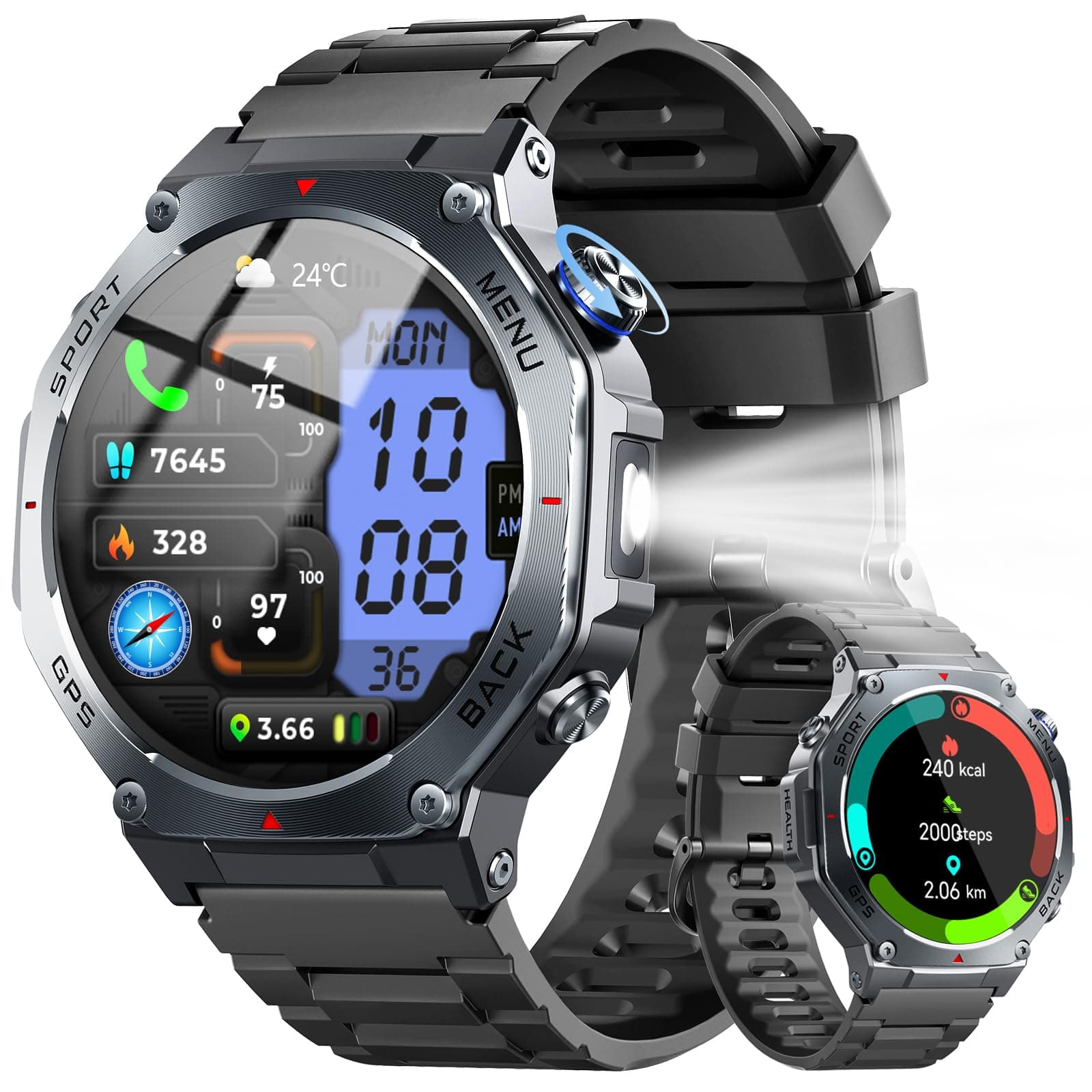 Militaire Montre Connectée Homme GPS, 1.43" AMOLED Smartwatch avec Appel Bluetooth, Étanche 5ATM, Montre Sport avec Podometre/Cardiofrequencemetre/Sommeil, 160+ Sportifs, Smart Watch pour Android IOS