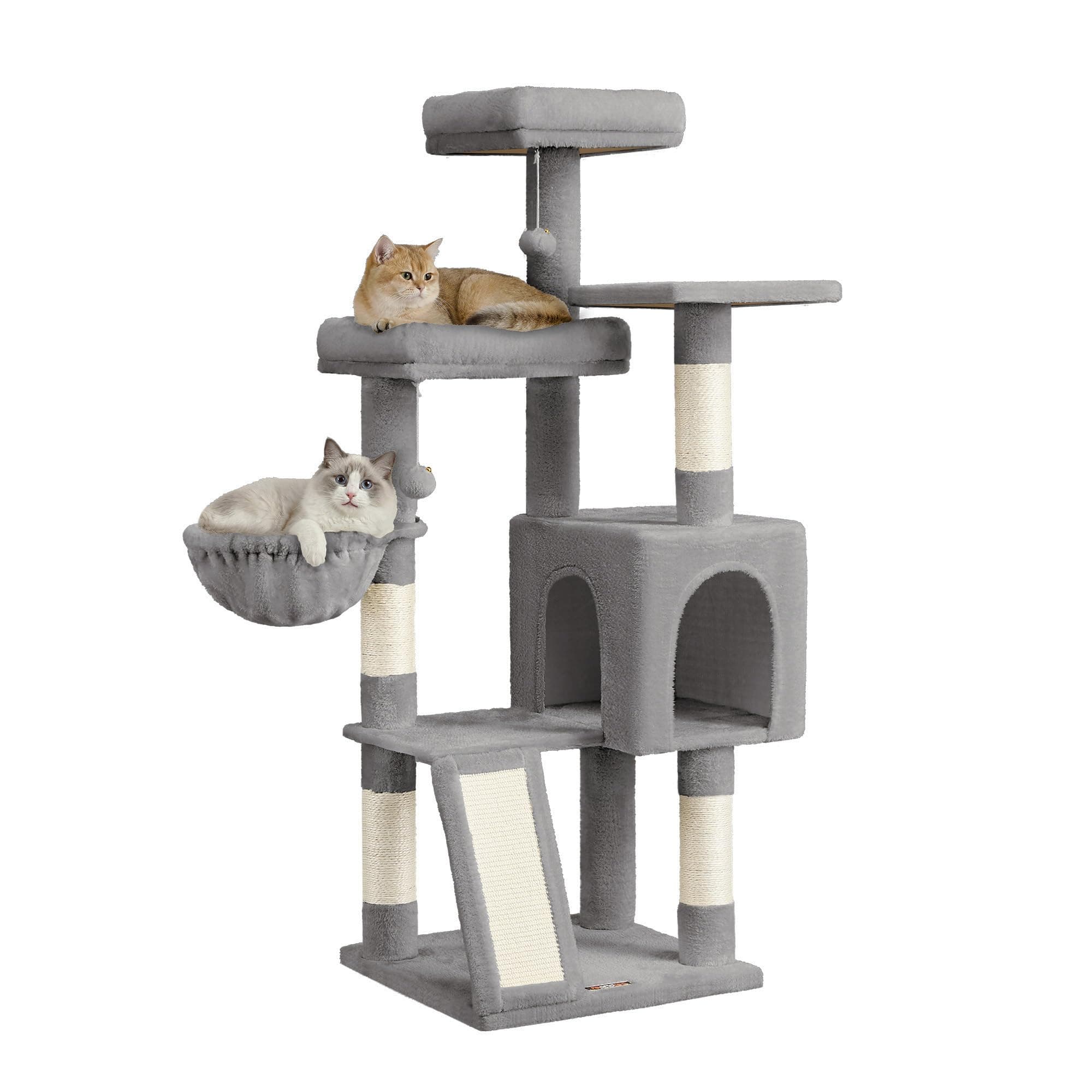 Feandrea Arbre à Chat, Tour pour Chat, 3 Plateformes, 136 cm de Haut | Avec Poteaux à Griffer et Rampe, 1 Niche, 1 Panier, 2 Pompons, Gris Tourterelle, Collection CLAWFY PCT012GD01