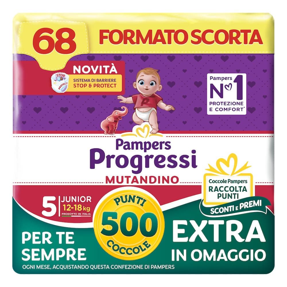 Pampers Progressi Mutandino Junior, Taglia 5 (12-18 kg), Formato Scorta, Barriera Stop&Protect, Pelli Delicate, Rimozione Facile, Senza Linguette, Cambio Veloce, 68 Pannolini Bambino+500 Punti Omaggio