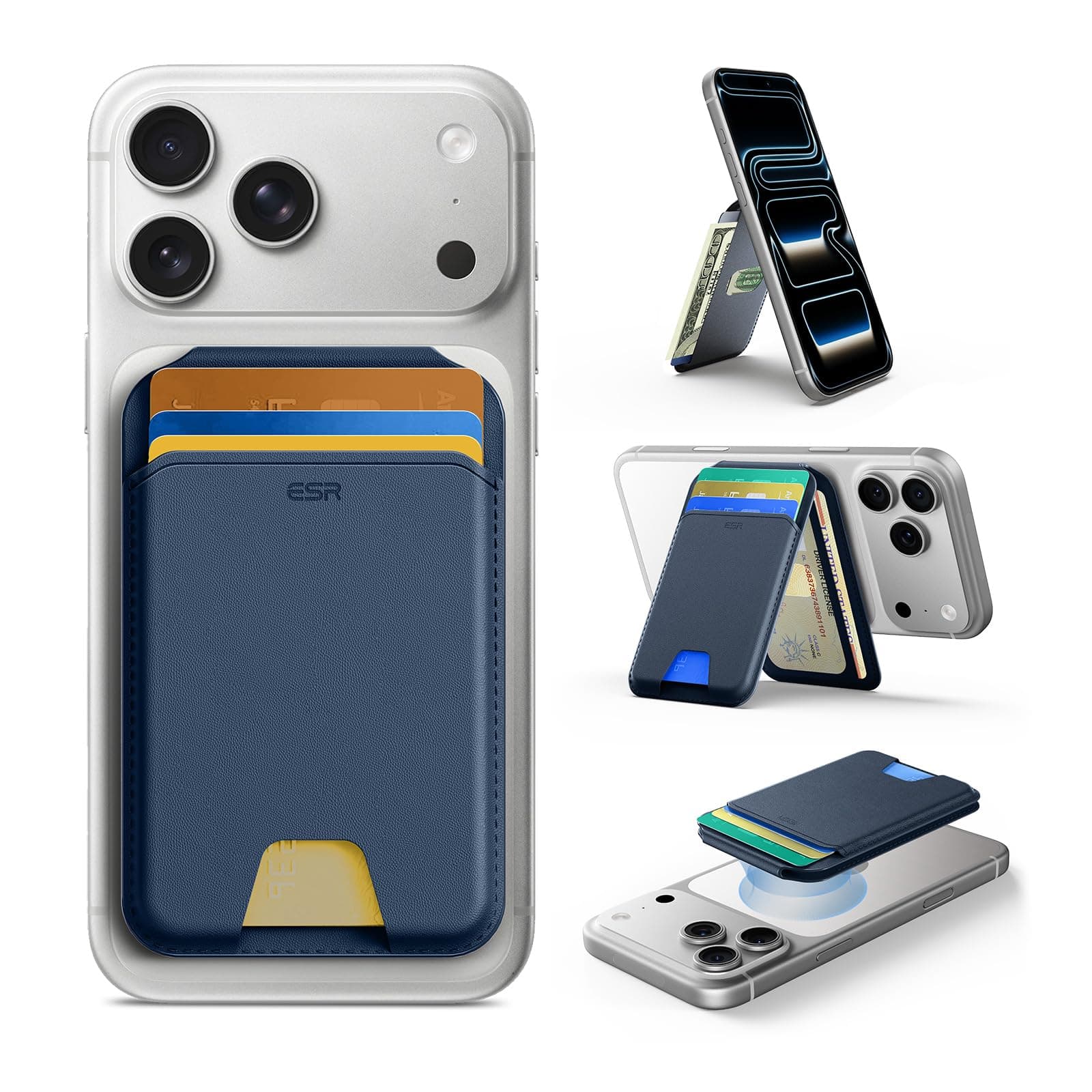 ESR für MagSafe Wallet, 5 Kartenhalter, RFID-Schutz, Wallet mit Verstellbarem Ständer, mit Magsafe Kartenhalter für iPhone 17e/17/16/15/14/13/12-Serie und Ausgewählte Samsung Geräte, Dunkelblau