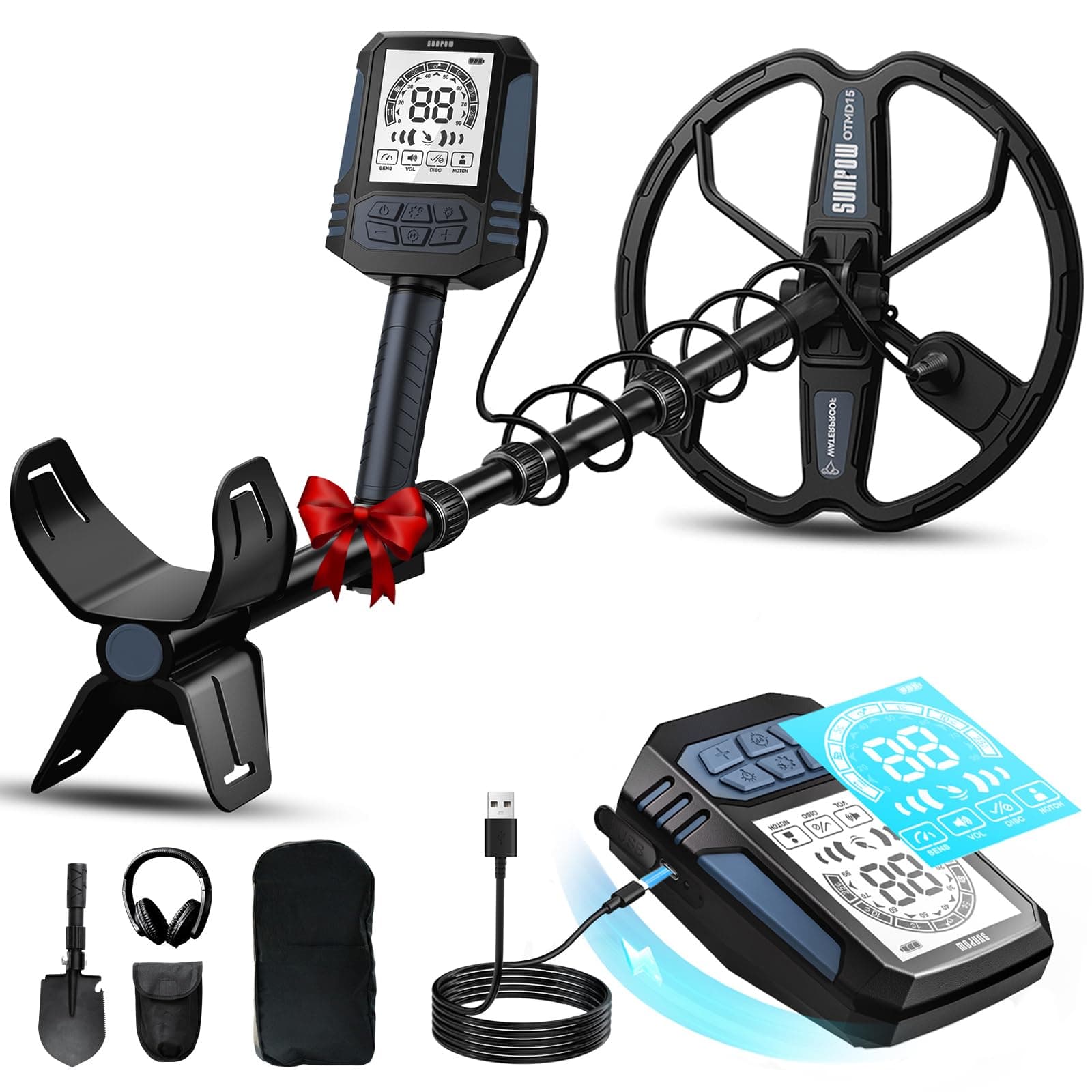 SUNPOW Metal Detector Professionale Ricaricabile per Adulti – Batteria 2500 mAh (35 h) – Metal Detector Impermeabile Oro IP68 con Bobina Double-D 25 cm, 4 modalità, Struttura Robusta – OTMD15