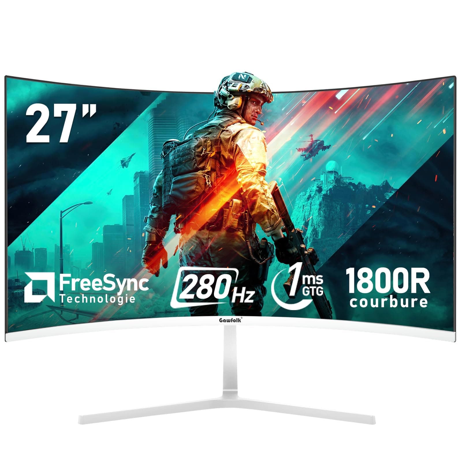 Gawfolk Écran PC 27 Pouces incurvé 280Hz Gaming Computer Moniteur, 1800R,1ms,FHD 1080p, 178 ° Grand Angle,Ultra - Mince Lunette, HDMI、DisplayPort,Compatible avec Montage Mural 100 * 100mm- Blanc
