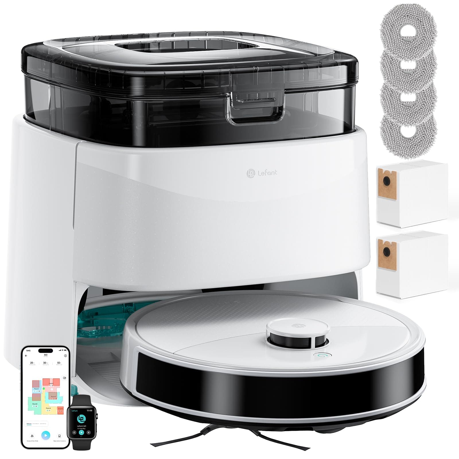 Lefant M3 Robot Aspirateur Laveur 12 000 Pa, Station Multifonctionnelle, Double Serpillière Rotative 200 TR/Min, Navigation dToF, Évitement d'obstacles PSD, 220min, WiFi 5G/APP/Alexa