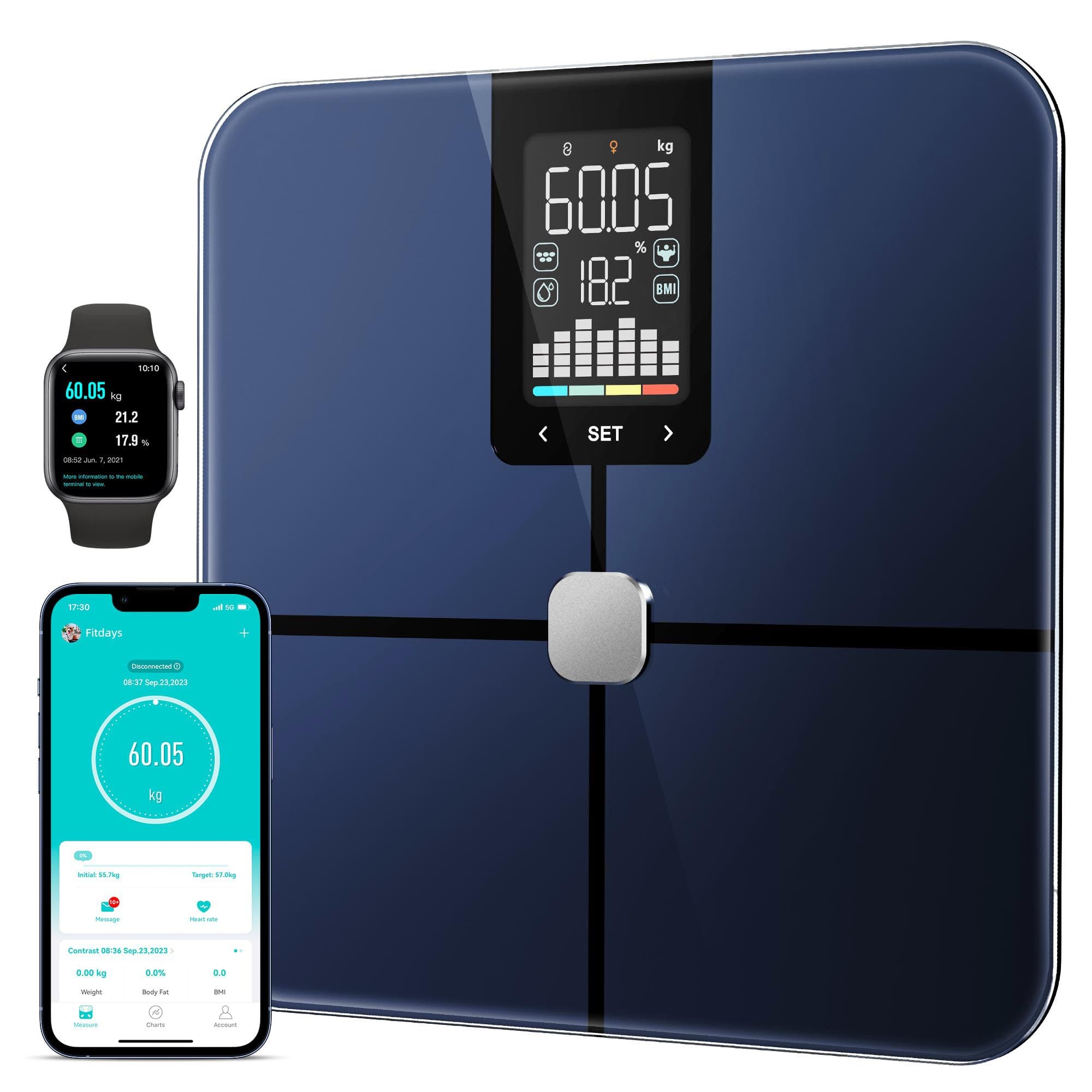 Tychesy Balance Pèse Personne Connectée avec Application | Suivi Des Tendances Sur 7 Jours (Poids, IMC, Masse Graisseuse et Masse Musculaire), 10+ Mesures, Capacité 180kg/400lb
