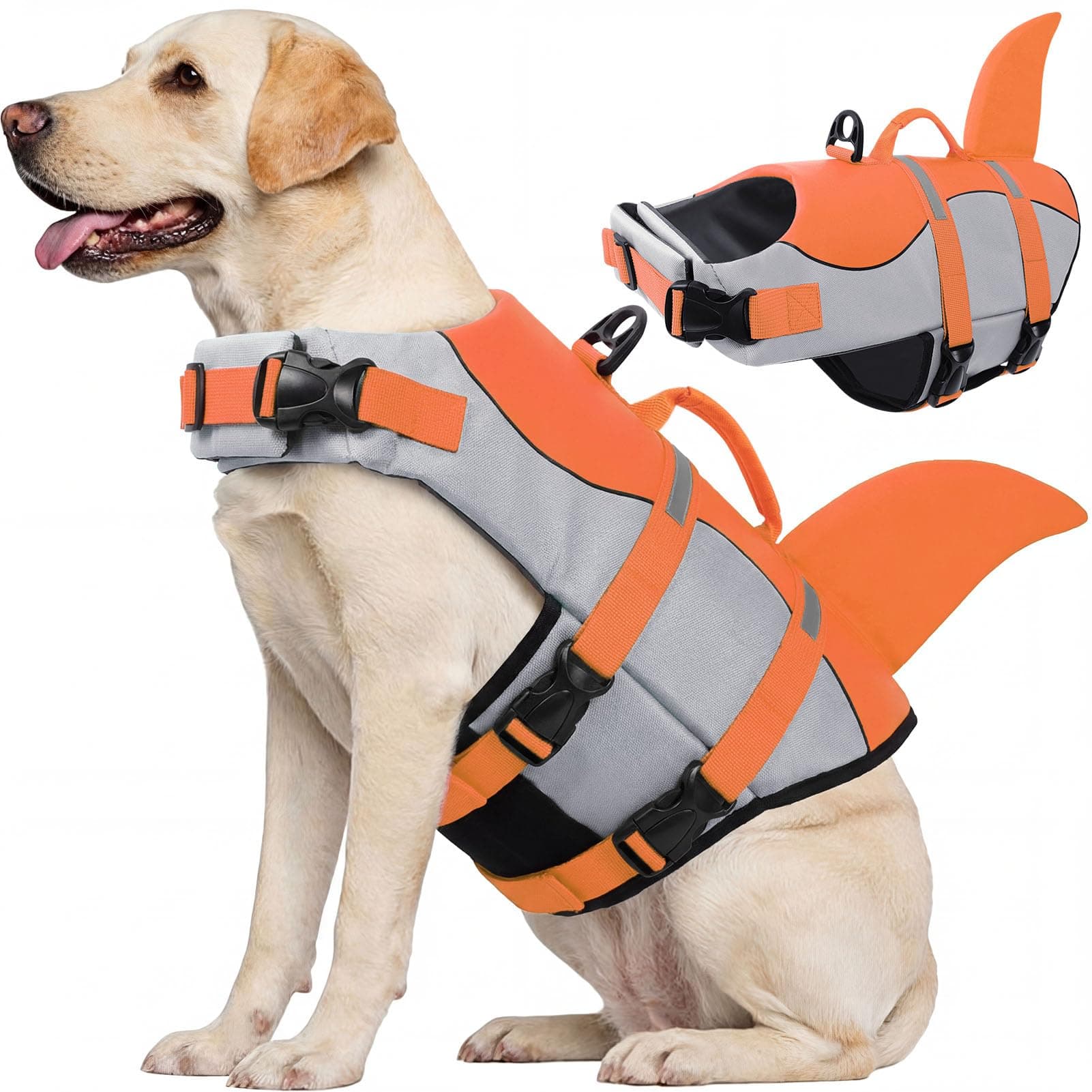 CITÉTOILE Salvagente per Cane, Giubbotto Salvagente per Cani, Ripstop Regolabile Squalo Giubbotto di salvataggio, Leggero e Sicuro per Gli Sport Acquatici, arancione, XL