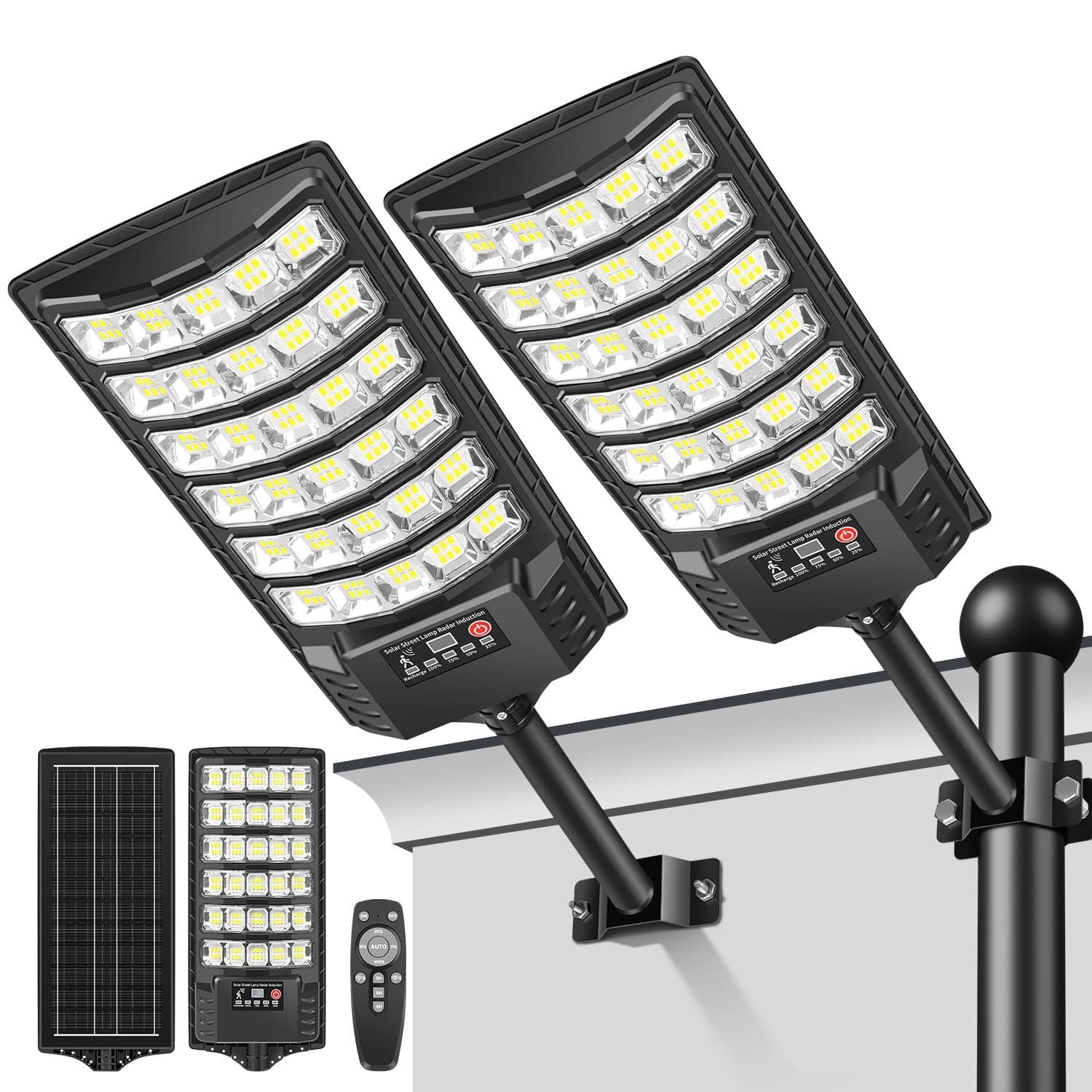 LEKIA Farola Solares Exterior, Potente 1000W 7000K Luz Solar Exterior con Sensor Movimiento y Mando Distancia, Focos LED Solar Impermeable Luces Solares para Jardín, Calle (2 Paquetes)