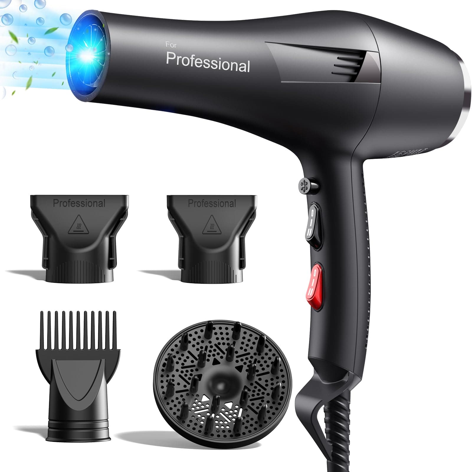 BANNILU Asciugacapelli Professionale 2000W, Phon Capelli Ionico 130 Milioni Anti-Crespo, Luce Blu, 4 Accessori per Capelli Ricci e Lisci