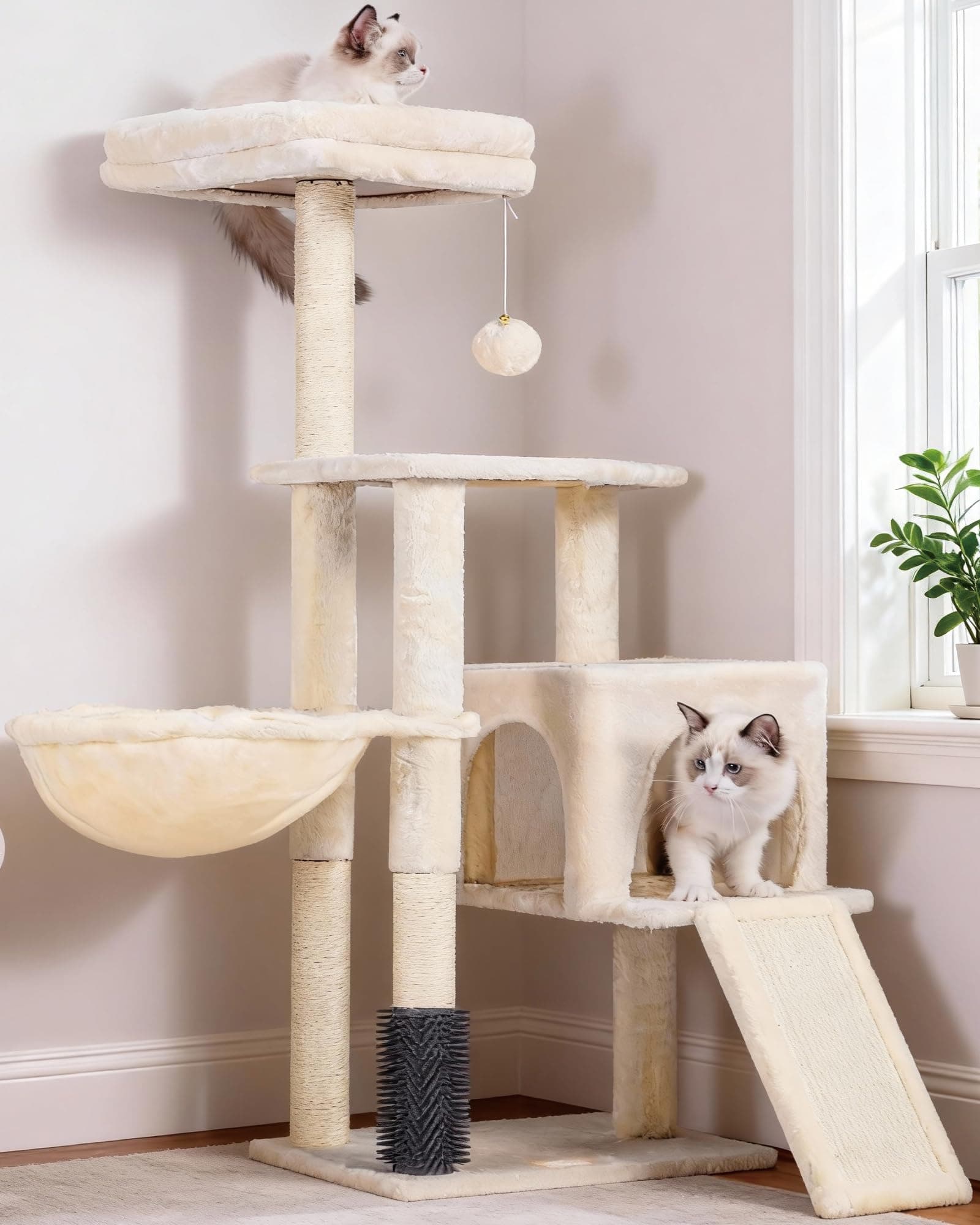 Heybly Rascador para Gatos, El Cepillo de Autolimpieza, El Árbol para Gatos Domésticos, con Peluche Liso, Silla de Descanso, Nido de Gato con Panel y Postes de Raspado, Beige HCT005SM