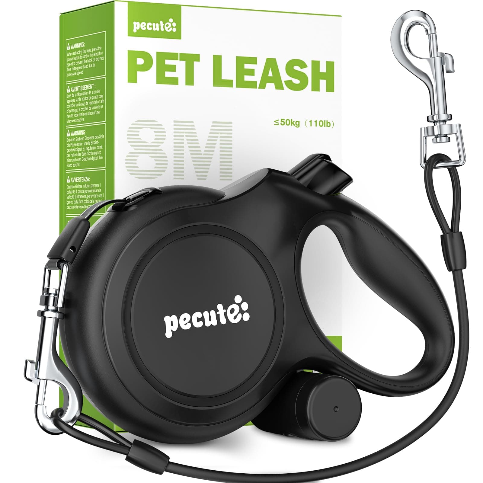Pecute Correa Perro Extensible 8 Metros, Correa para 15-50 kg, con Cuerda Antimordida de 46cm, Bolsas Higiénicas y Portabolsa| 360° Antienredos| Paseo de Perros, Entrenamiento, días de Iluvia, Negro