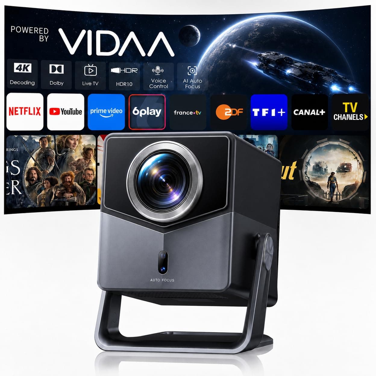 Proyector 4K【Netflix Integrado/1400 ANSI/Dolby 36W】 VIDAA OS: N.º 1 Ultra-Rápido,Auto Focus y Keystone,Control por Voz,HDR10, BT 5.4, Homekit,Rotación 200°, Proyectors exterior/Cine en Casa/Techo/HDMI