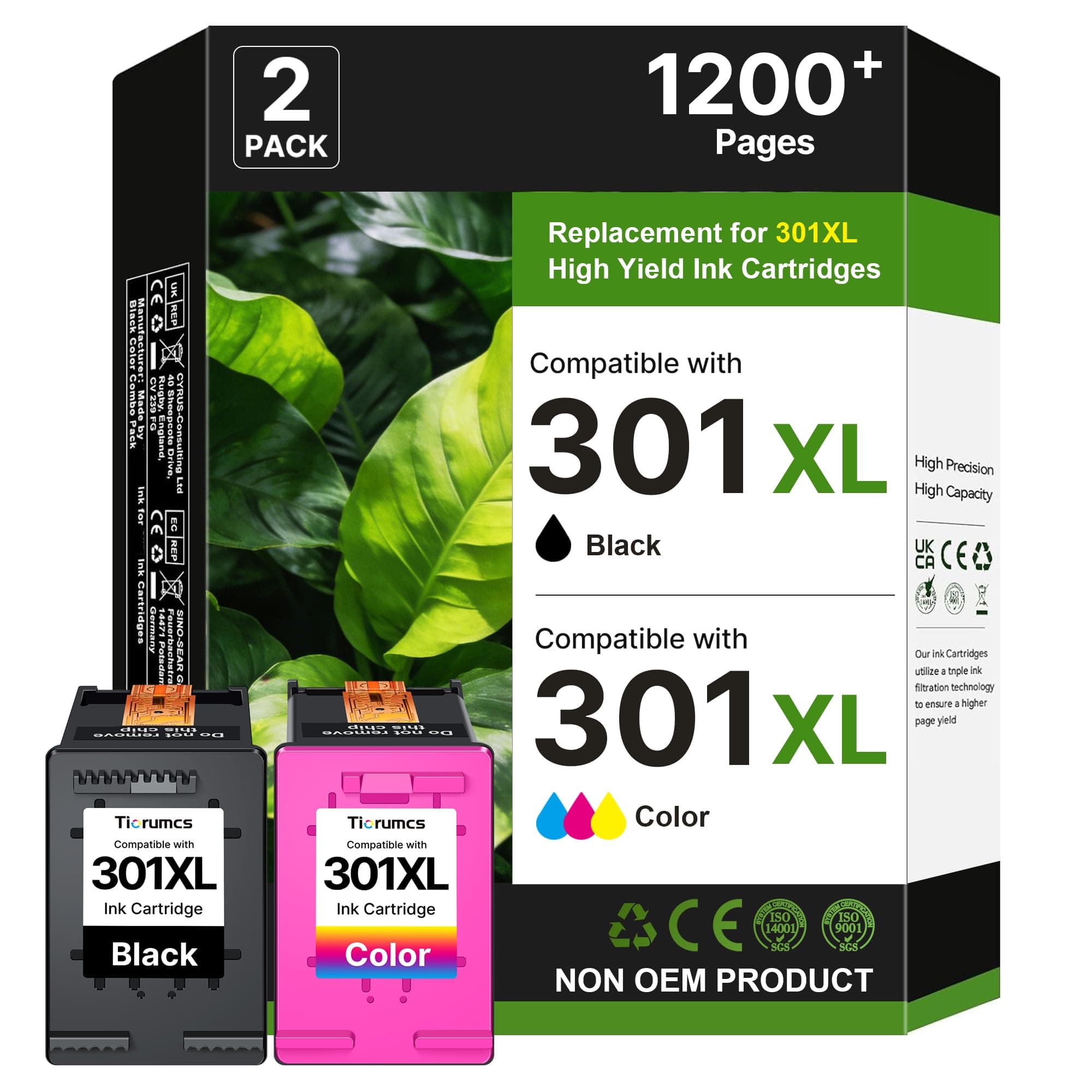 Tiorumcs 301XL 301 XL Cartuchos de Tinta remanufacturados para Tinta HP 301 XL para Cartuchos HP 301 para DeskJet 2540 1050a 2050a 3050a Envy 4500 5530 4504 OfficeJet 2620 4630 (1 Negro, 1 Color)