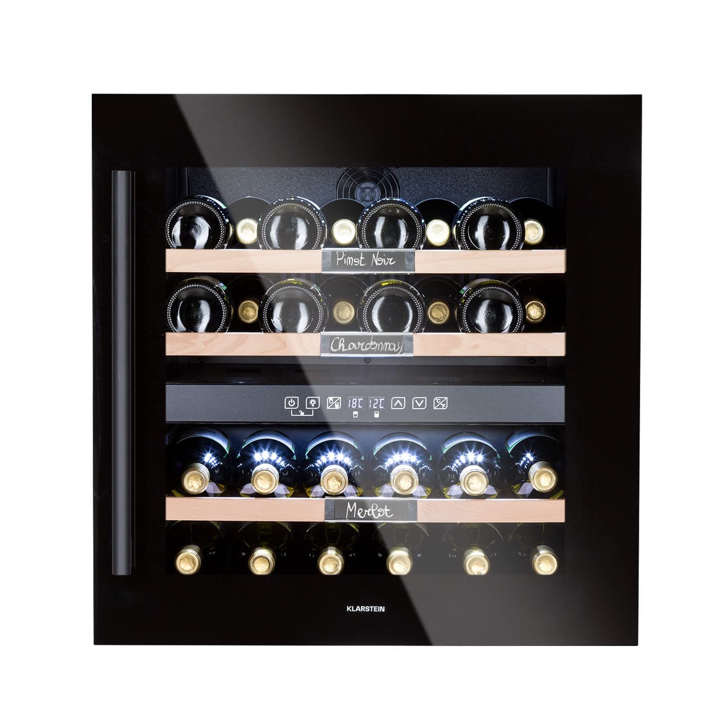 KLARSTEIN Cave a Vin Encastrable, Caves à Vin de Conservation de 85L, Porte en Verre, Cave a Vins à Double Zone, Bar Int/Ext, Frigo Vin Bizone,de Vieillissement,36 Bouteilles
