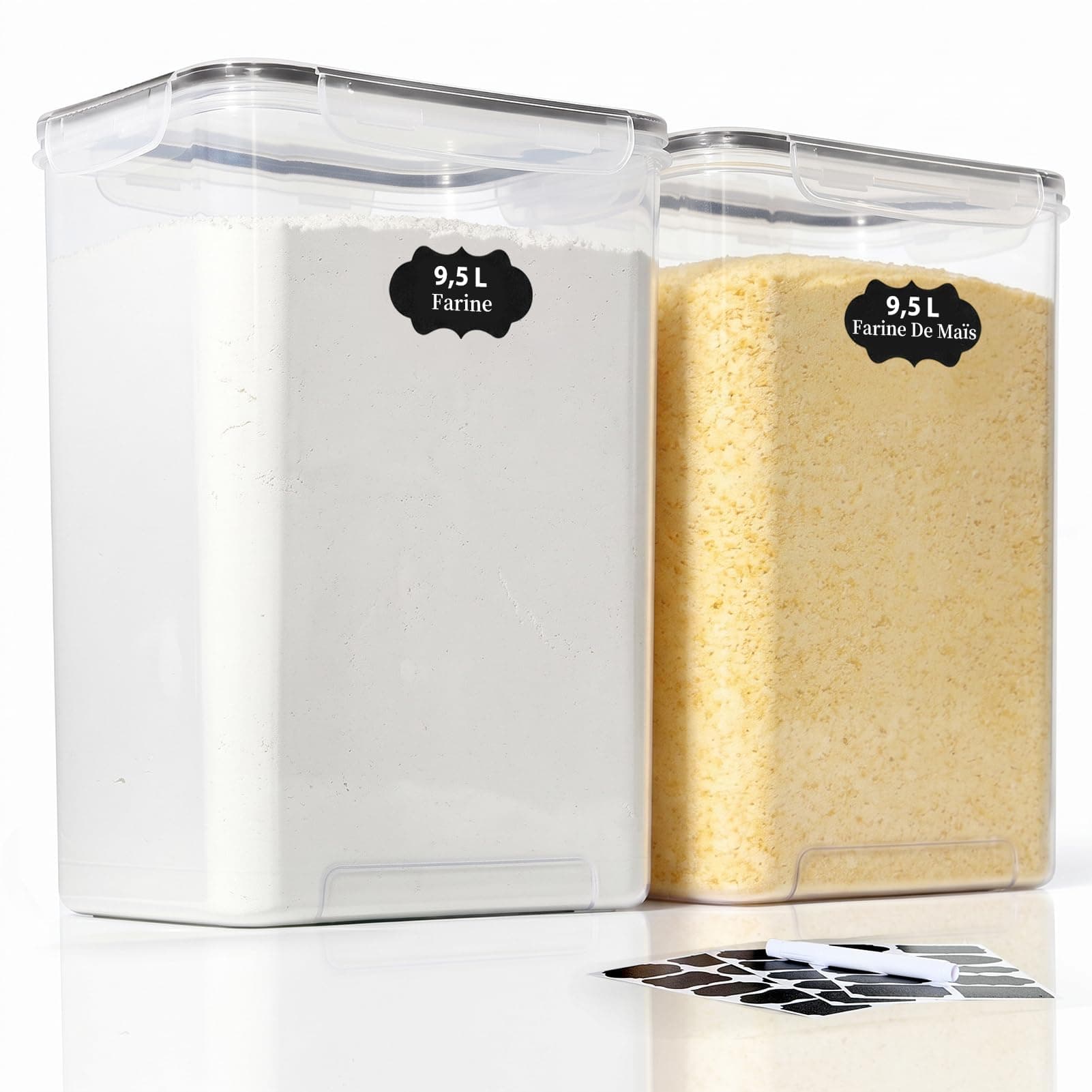 GoMaihe Boîtes de Conservation Hermétiques, Sans BPA, 9,5L, Lot de 2 | Idéal pour stocker 10 kg de farine ou riz. Inclus 30 étiquettes et un marqueur. Protection contre l'humidité et les mites.