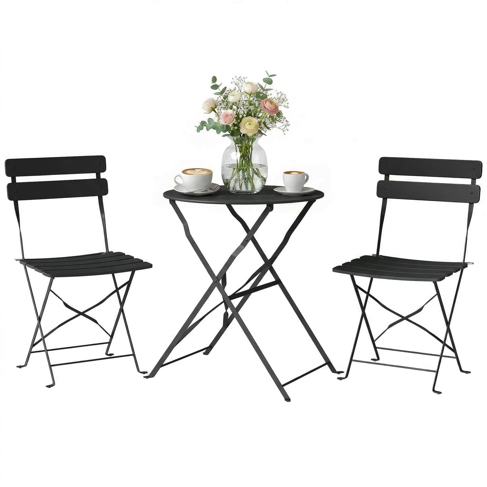 Outsunny Ensemble Bistrot de Jardin 3 Pièces san Montage - Table et 2 Chaises Pliantes à Lattes en Métal avec Double Protection Antirouille - Mobilier de Balcon et Terrasse Chic, Noir
