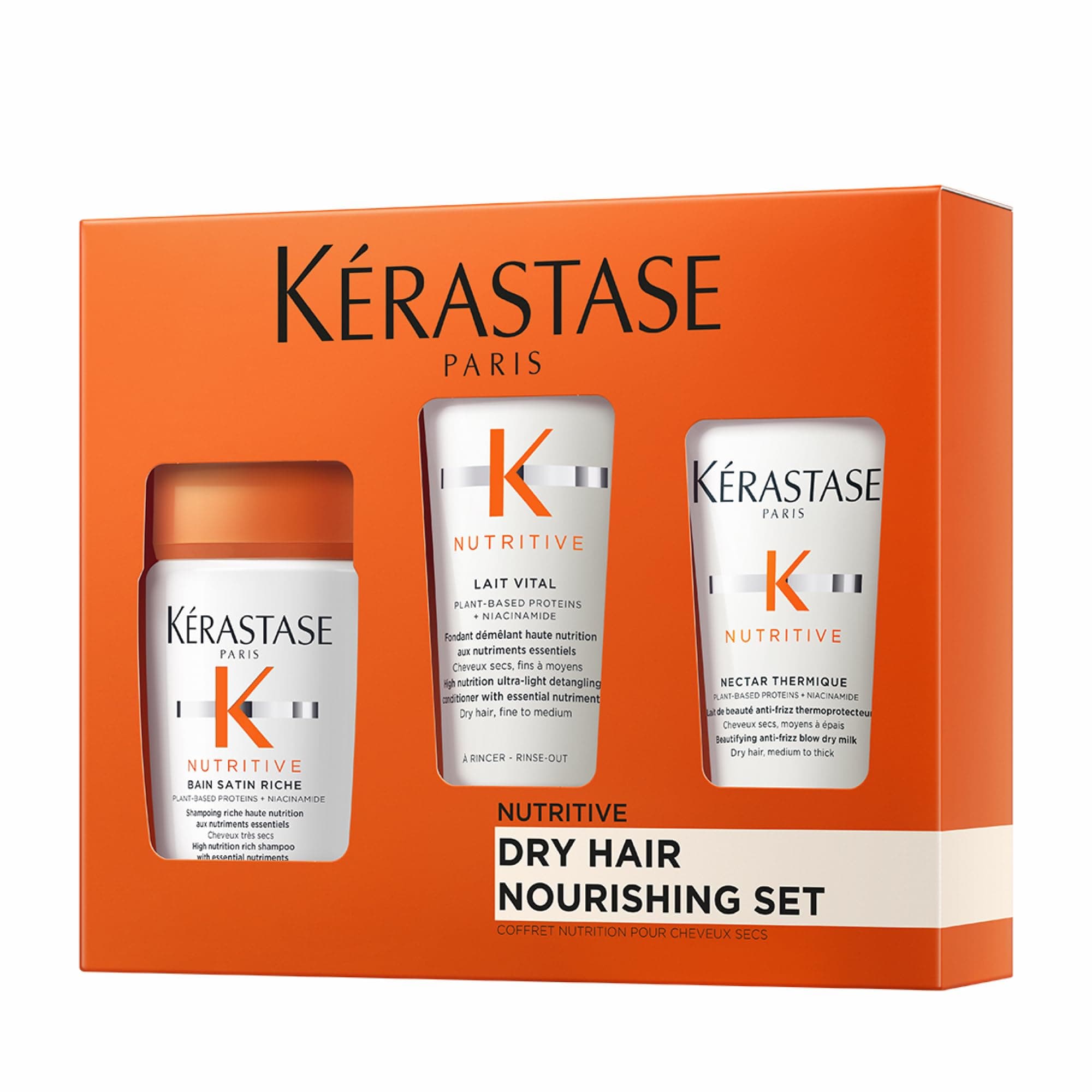 Kérastase Nutritive, Kit con Rutina Nutritiva para el Cabello con Champú Bain Satin Riche (80ml), Acondicionador Lait Vital (75ml) y Loción de Peinado Nectar Thermique (50 ml), Para Cabello Seco