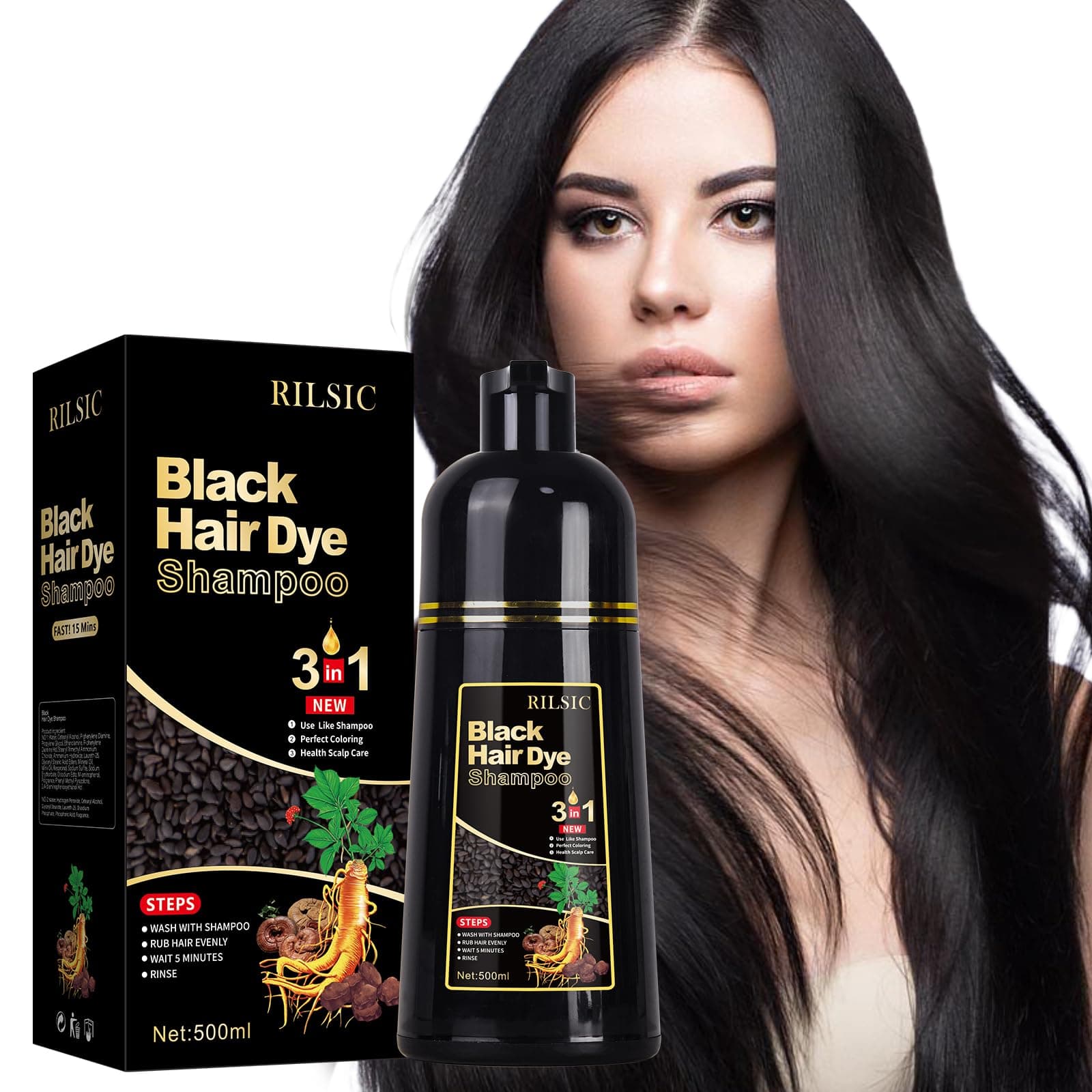 RILSIC Shampoo Capelli Nero per Capelli Grigi, 500 ml Black Hair Dye 3 in 1, Colore Naturale, Shampoo Capelli Colorante Bianchi Istantaneo, Tintura per Capelli per Uomini Donne (Nero)