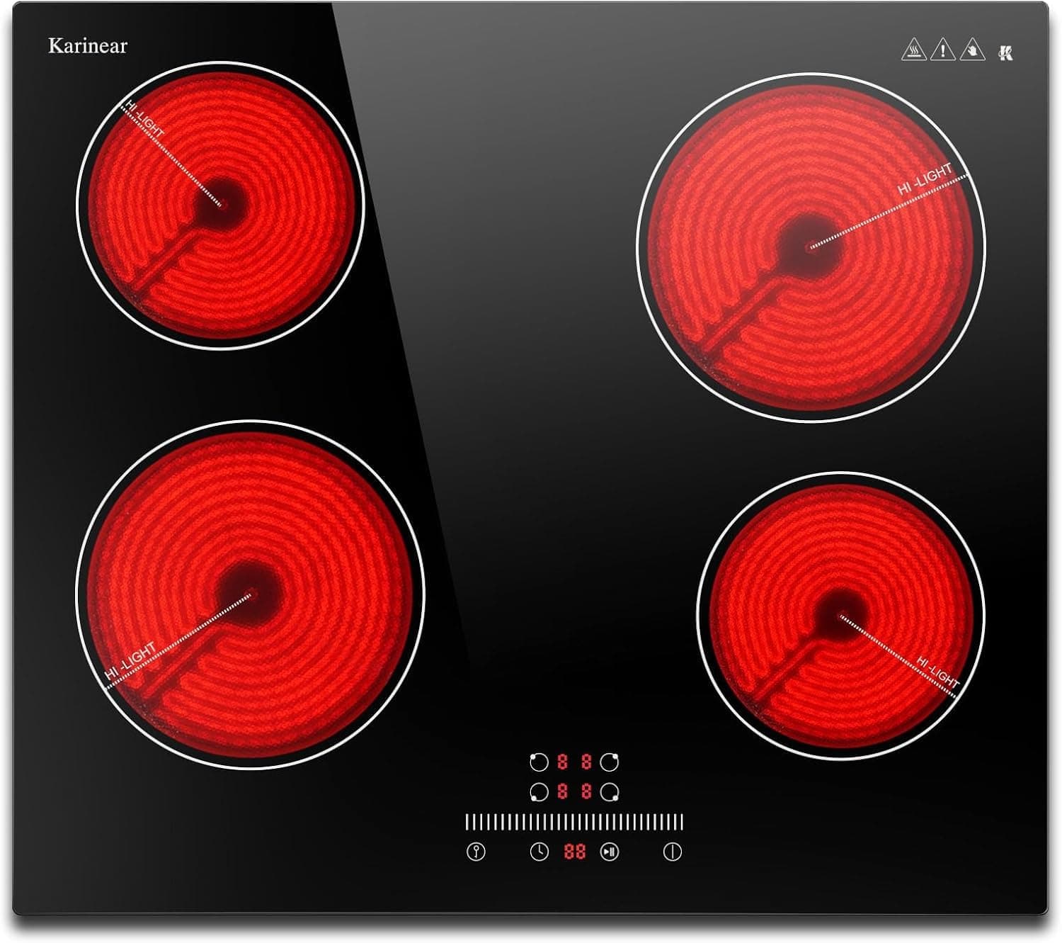 Karinear Placa Vitroceramica 4 Fuegos, Función Pausa, Control Deslizante, 9 Niveles de Potencia, Bloqueo de Seguridad, Vitrocerámica 60 CM, 220 V ~ 240 V, 6000 W, Sin enchufe