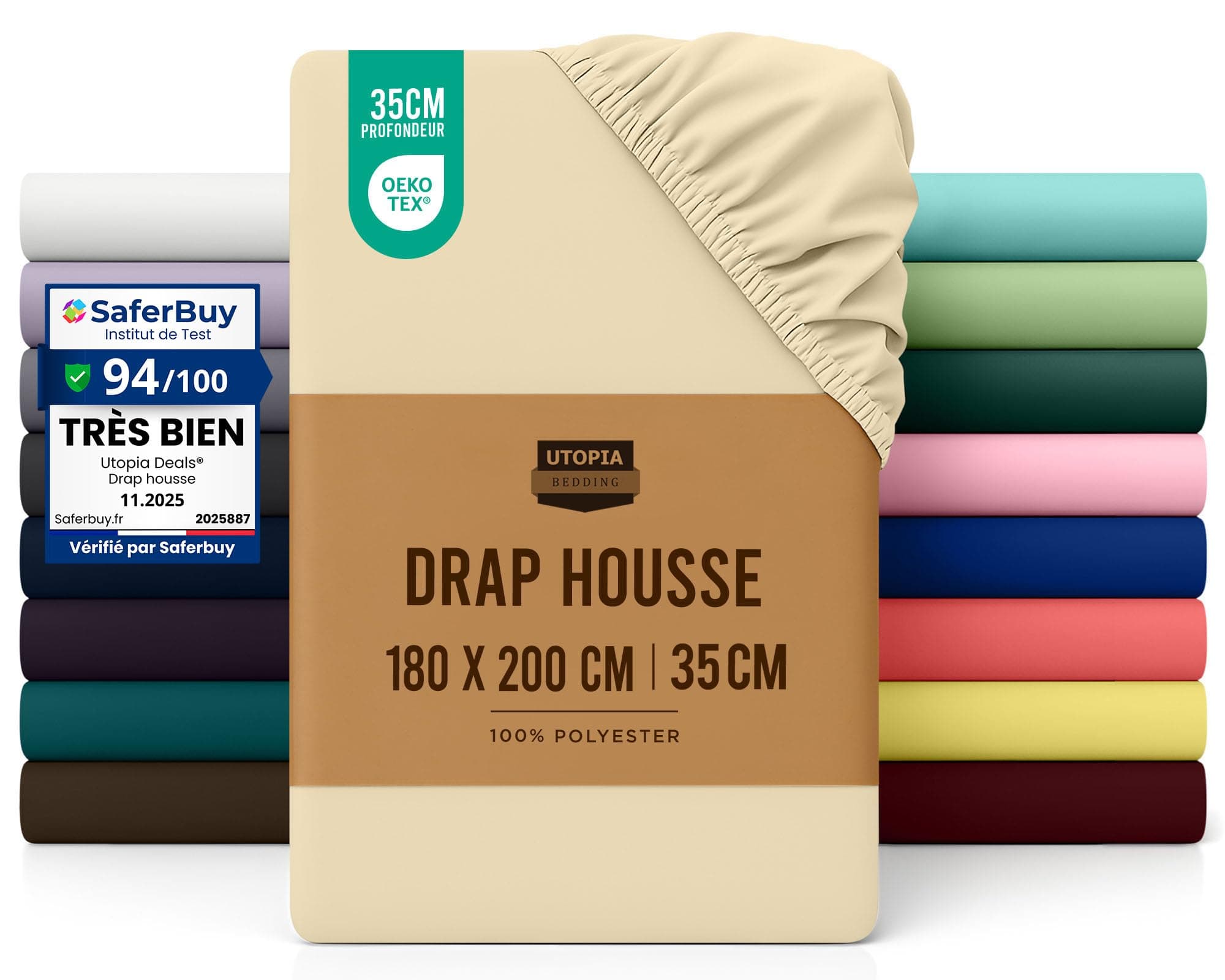 Utopia Bedding Drap Housse - Beige, 180 x 200 cm - Certifié Oeko-Tex - Bonnets 35 cm pour Matelas Épais - Polyester Microfibre Brossée