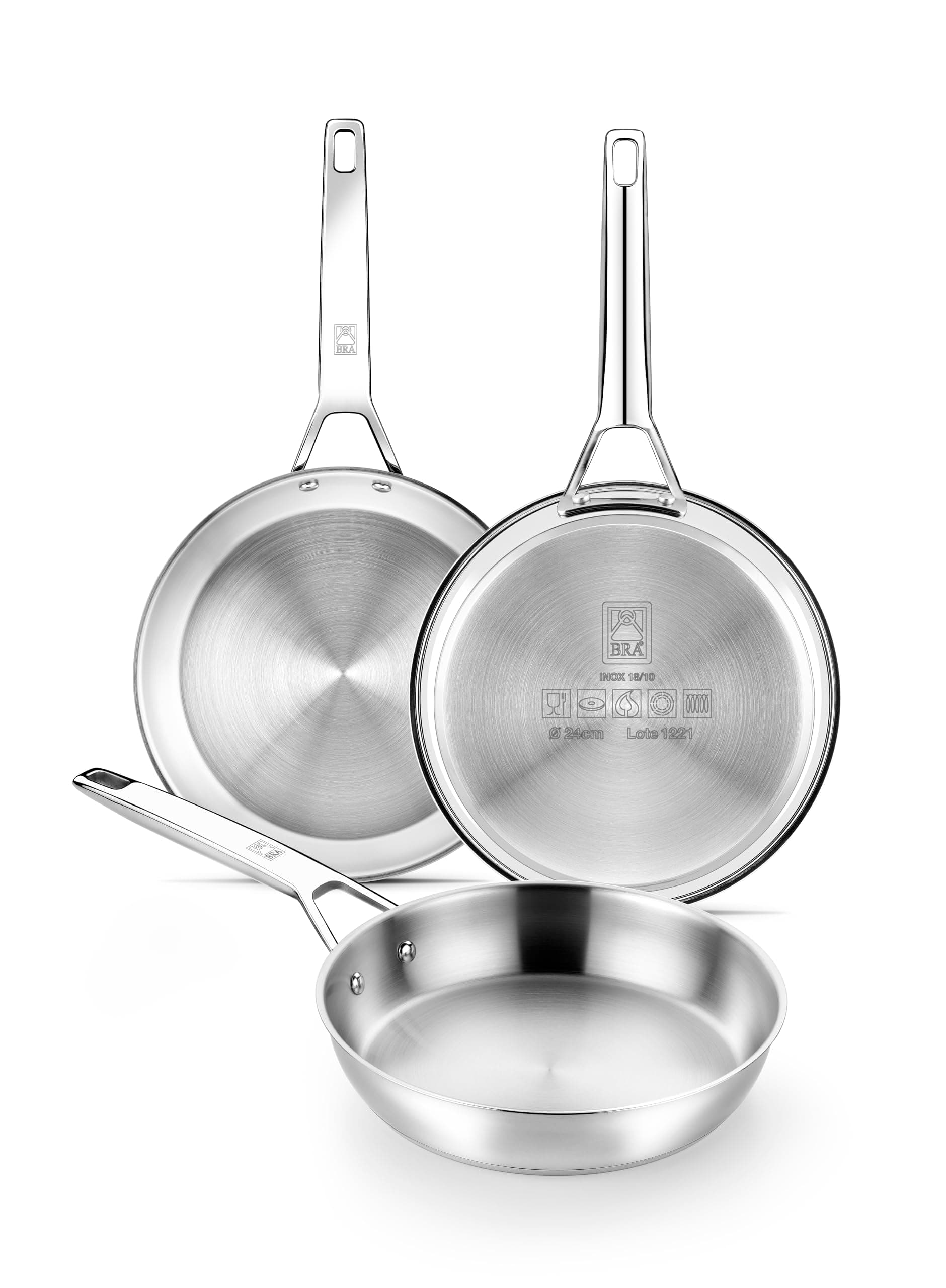 BRA Signature | Set 3 Sartenes 20-24-26 cm, Acero Inoxidable 18/10 | Acero Inox 18/10 Profesional Sin Antiadherente, Triple Fondo Difusor Apto Todo Tipo De Cocinas E Inducción, Acabado Pulido