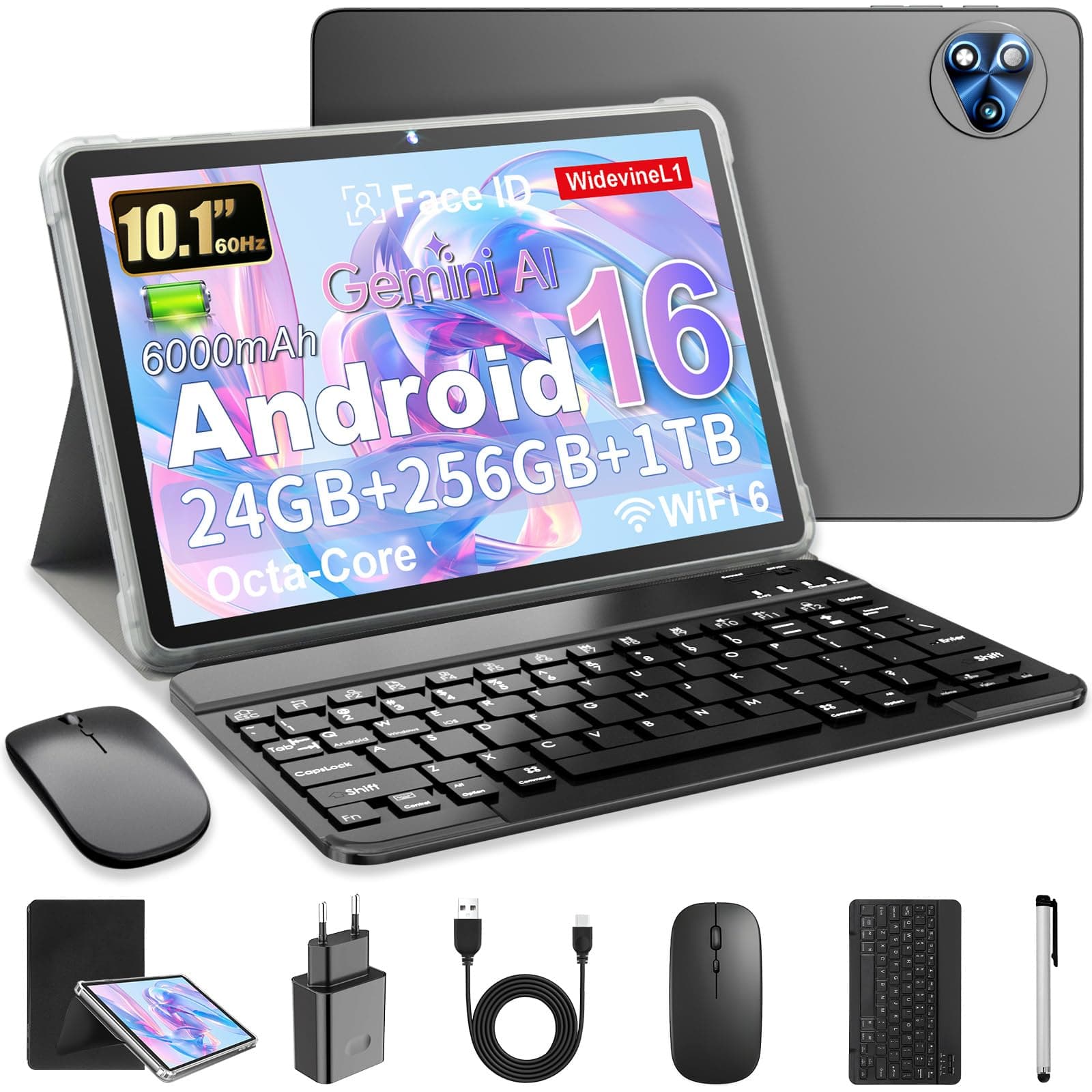 Android 16 Tablet 10 Pulgadas en Gemini AI, Tableta en Teclado, Ratón & Lápiz, Octa-Core, 24 GB RAM + 256 GB ROM + 1 TB TF, 1920x1200 Pantalla HD, Cámara 8MP + 13MP, 6000 mAh (Gris + Funda Negra)