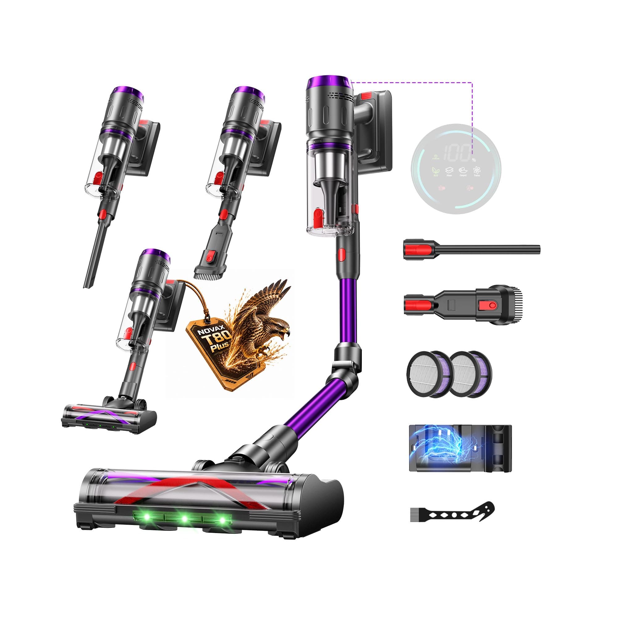 Circlio Aspirateur Balai sans Fil 600W/58000Pa/75min, Aspirateur sans Fil Puissant avec Écran LED Intelligent, Brosse Anti-emmêlement, Station de Charge, pour Tapis, Sols Durs, Poils d'animaux