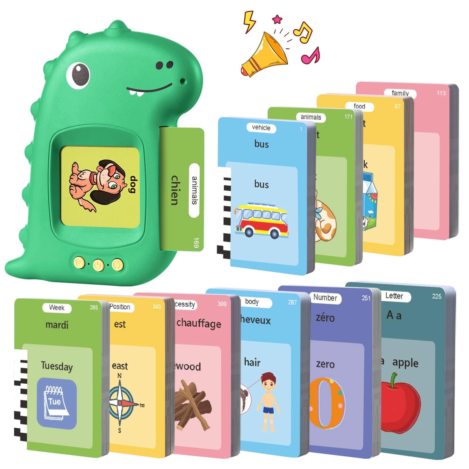 510 Mots Cartes Flash Parlantes Montessori Français Cartes éducatives pour Enfants Talking Flash Cards 255 Feuilles de 3+ Ans Jouets éducatifs Cadeaux d'anniversaire pour Enfants(Vert Français 510)