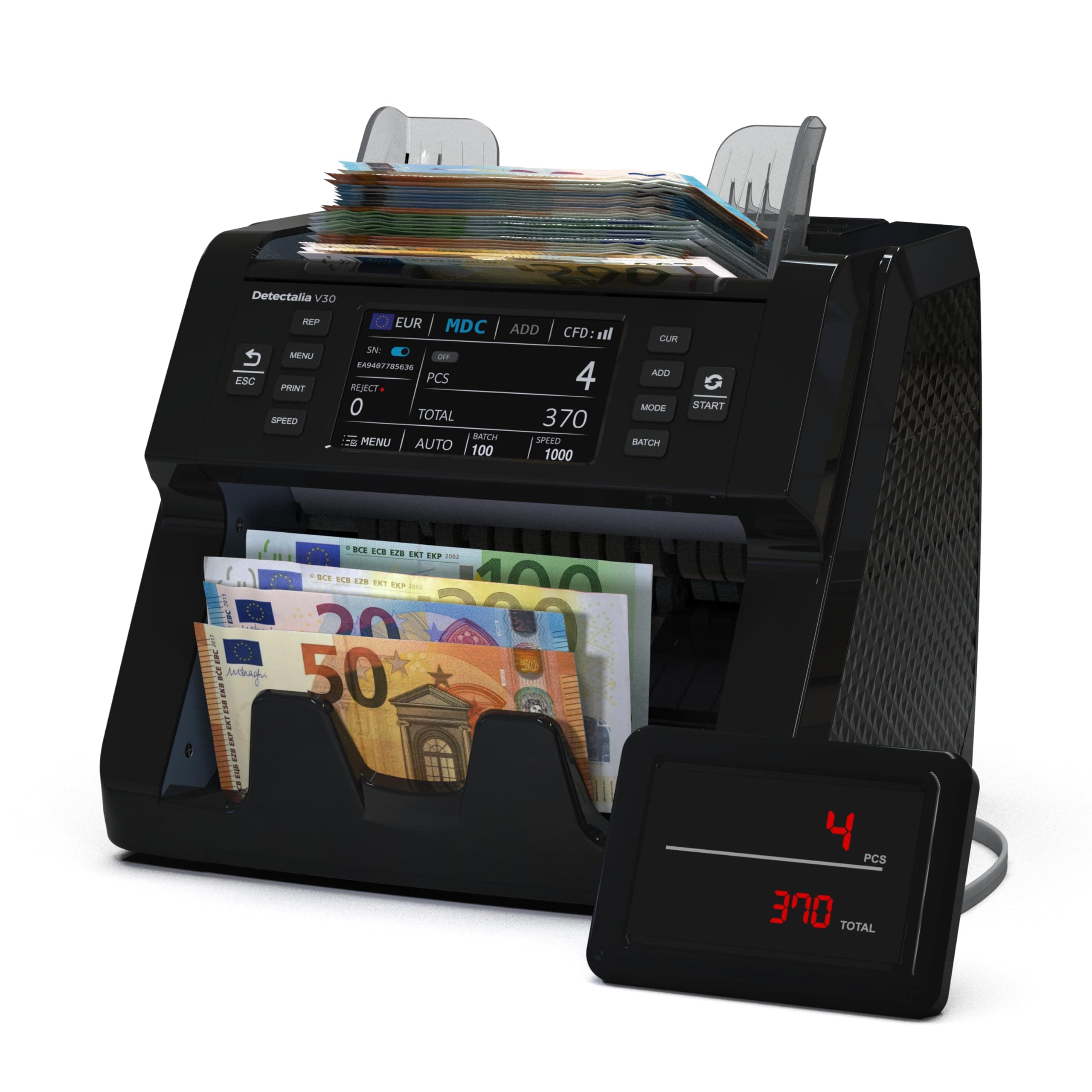 Detectalia V30 Contador de Billetes y Detector de Billetes Falsos con Doble CIS, Pantalla Táctil 4.5” + Pantalla Externa, Lectura Serie, Conteo Mixto Multidivisa, 1200 Billetes/Minuto, USB