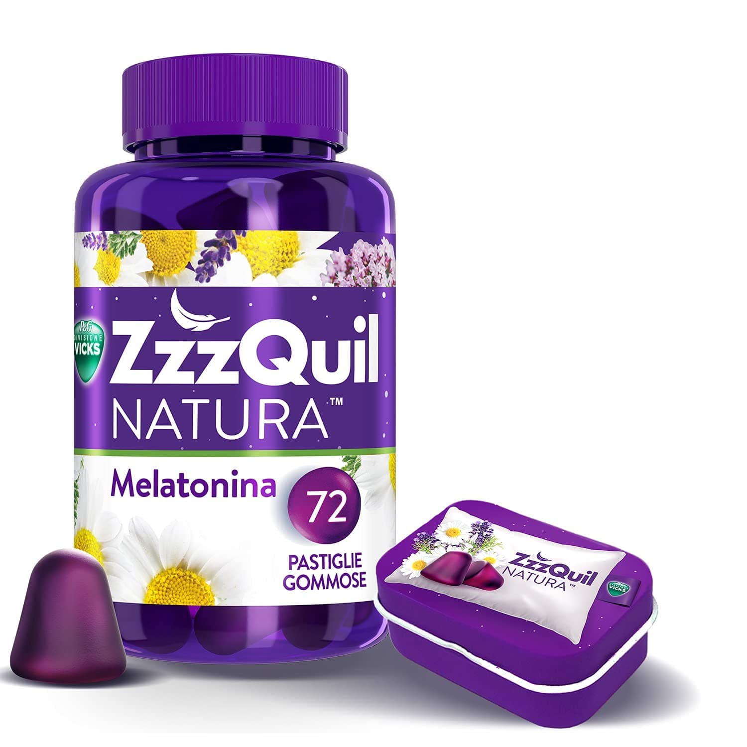 Zzzquil Natura Integratore Per Il Sonno Con Melatonina Per Dormire Ed Estratti Di Lavanda, Valeriana E Camomilla. 72 Pastiglie Gommose + Travel Case