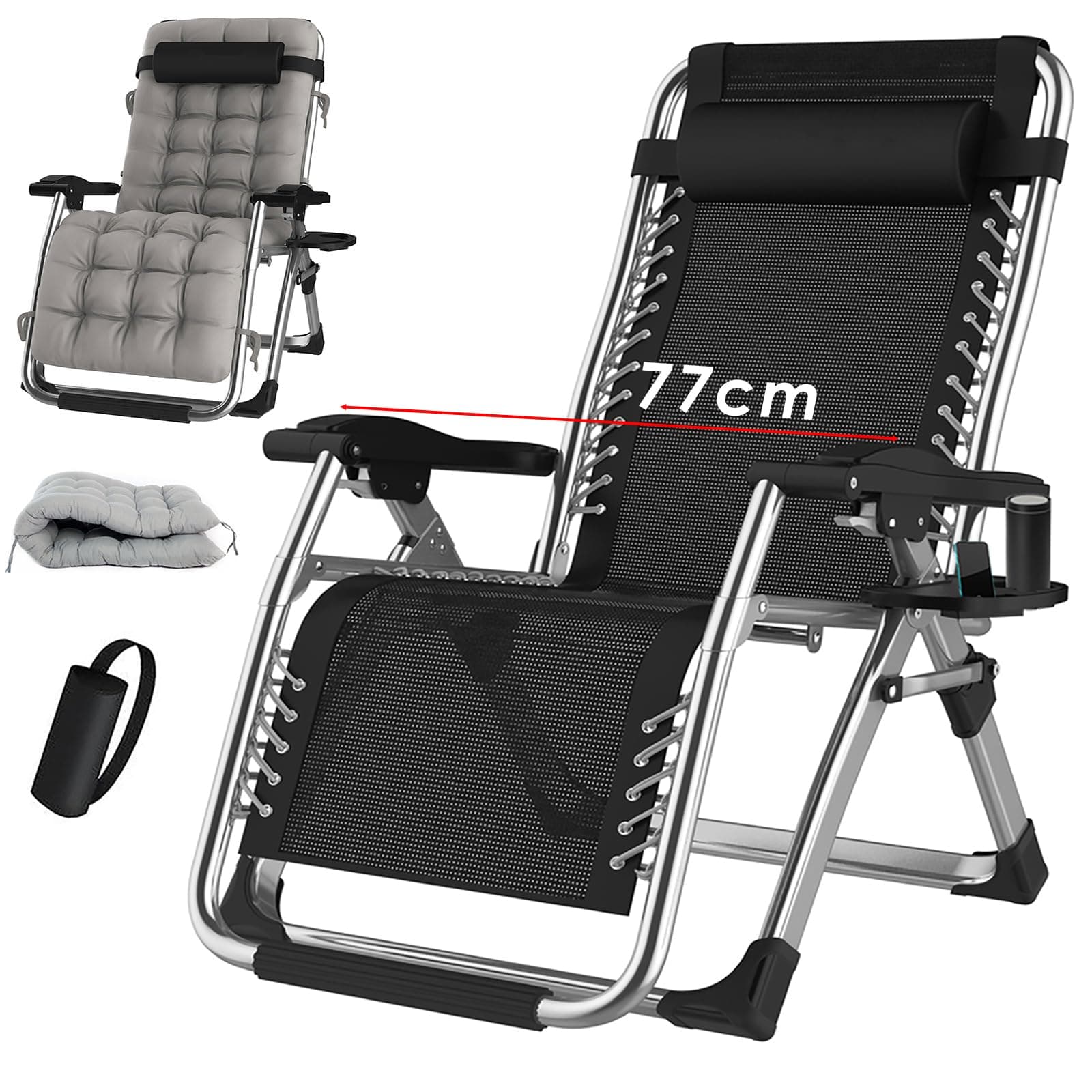 TYGYSDO Chaise longue de jardin pliable - Chaise de camping - Fauteuil de jardin - Dossier haut réglable - Chaise de détente - 200 kg - Argenté - 77 cm