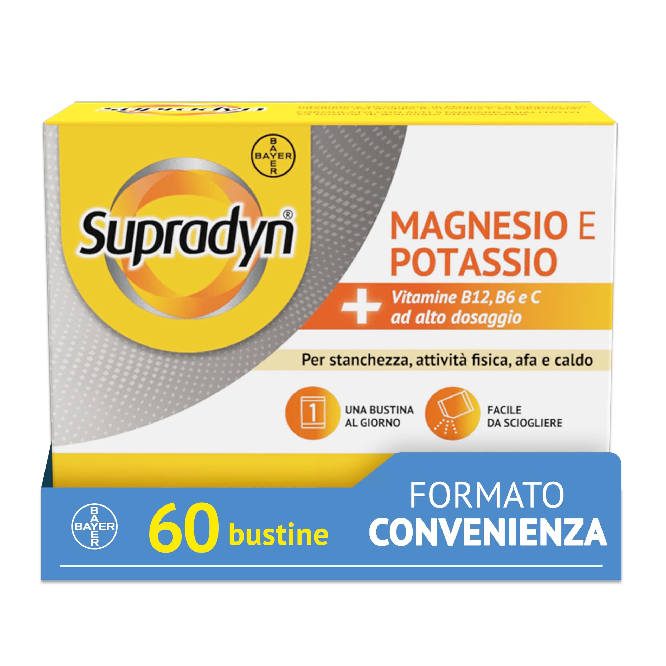 Supradyn Magnesio e Potassio, Integratore Stanchezza, Sali Minerali, 60 bst | Afa, Caldo e Sport, Vitamine B + C, Acido Folico, Effervescente Gusto Arancia, Senza Glutine, Senza Zucchero, Scorta 2 Mesi