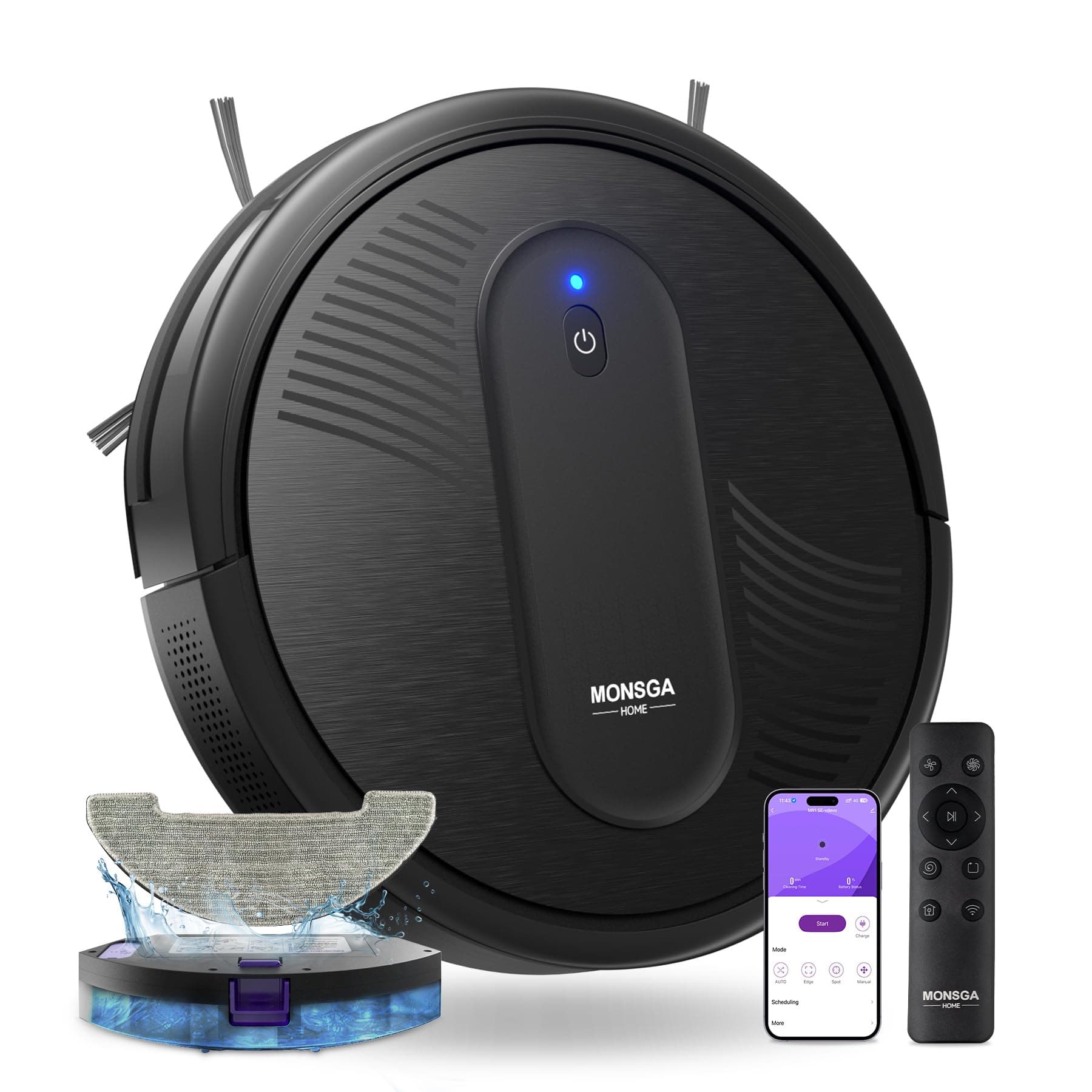 MONSGA Robot Aspirapolvere Lavapavimenti 3-in-1, 5000Pa, Autonomia 140min | Anti-groviglio, Ricarica Automatica, Controllo App/Telecomando/Alexa, Silenzioso, Per Peli Animali, Pavimenti e Tappeti