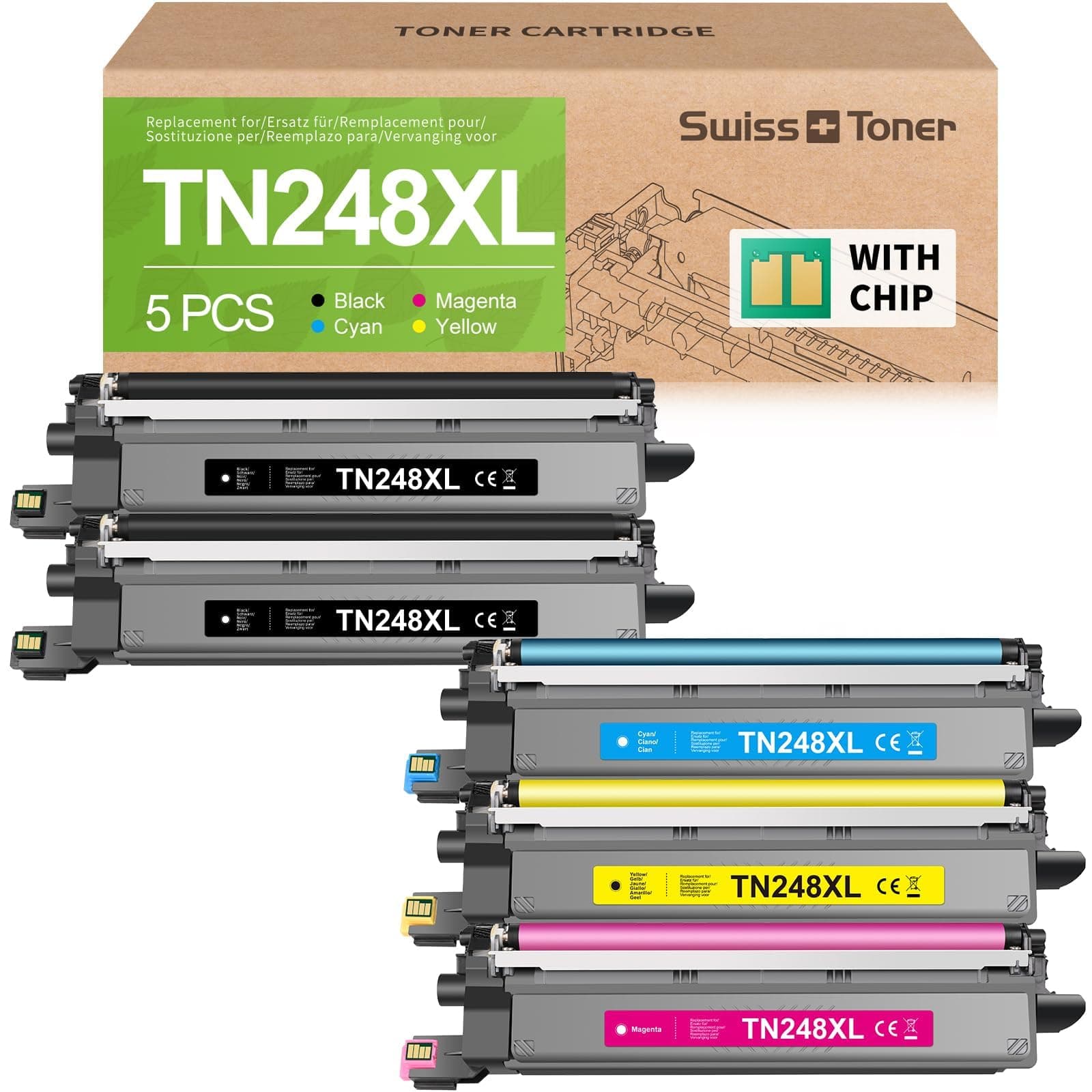 swiss toner TN248XL Lot de 5 cartouches d'encre compatibles avec Brother TN-248XL TN248 TN-248VAL pour Brother MFC-L3760CDW MFC-L3740CDW MFC-L3740CDWE DCP-L3560CDW HL-L3240CDW HL-L3220CW