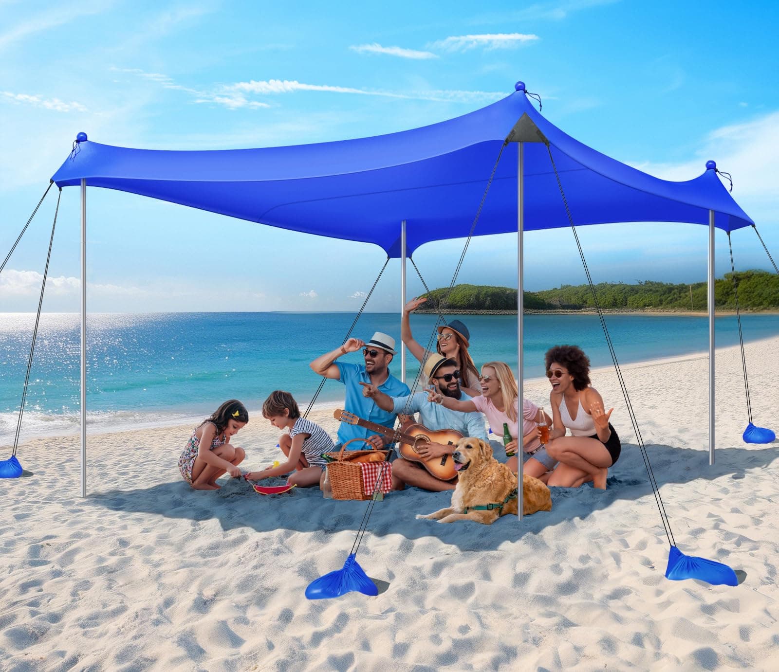 Rhino Valley 3x3m Tenda da Spiaggia Ultra Stabile Portatile, Protezione UV UPF50+ Tenda da Mare Super Antivento con 8 Ancoraggi a Sabbia Riempibili e 4 Aste in Alluminio
