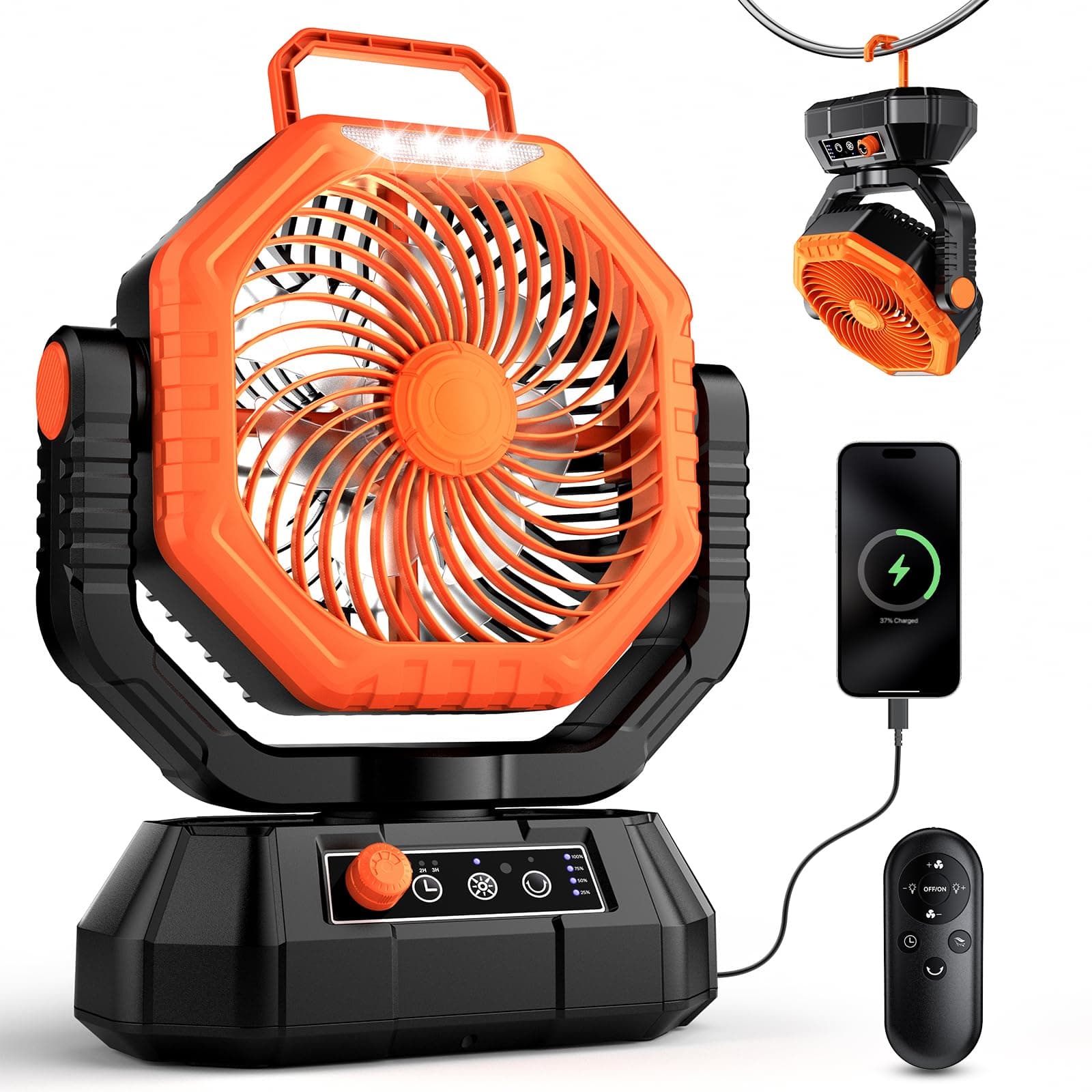 Ventilador de Camping con Linterna LED, 20000 mAh Recargable de con Control Remoto y Gancho, Rotación de 270°, Velocidad Continua, Temporizador, para Tienda de Campaña Interior y Exterior (Naranja)