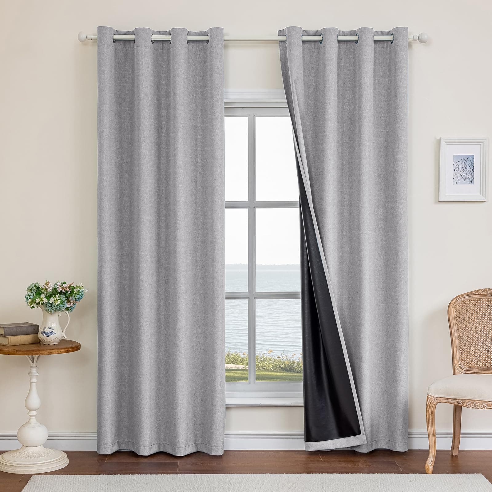 Ystyle 100% Rideau Occultant Lot De 2, 140x225cm, Effet Lin, Rideau Thermique Isolant Anti Froid Et Chaleur, Rideaux Anti Bruit Anti UV, avec Oeillet, pour Moderne Salon Et Chambre, Gris Clair