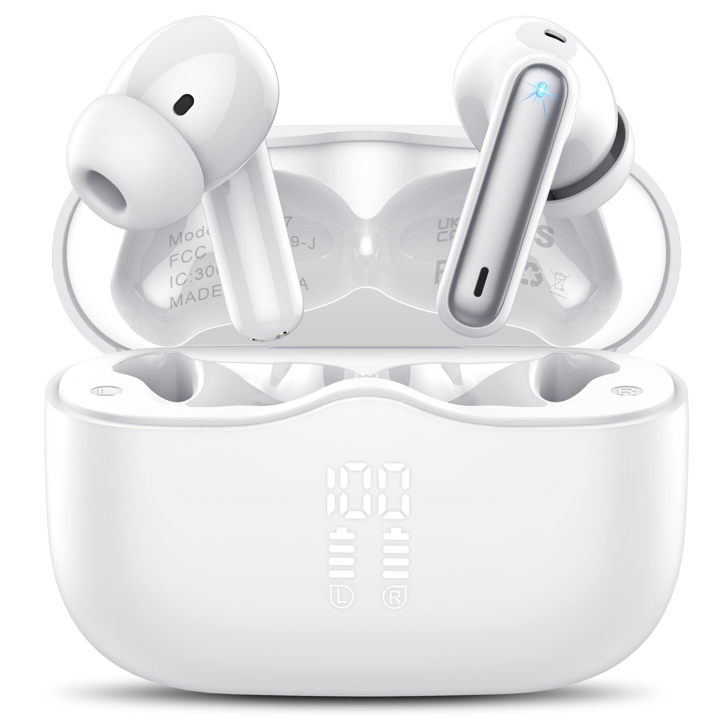 Auriculares Inalambricos Bluetooth, Auriculares Bluetooth 5.4 con ENC Reducción de Ruido, 40H HiFi Estéreo Cascos Inalambricos Bluetooth con 4 HD Mic, Pantalla LED, IP7 Impermeablem Cascos, Blanco