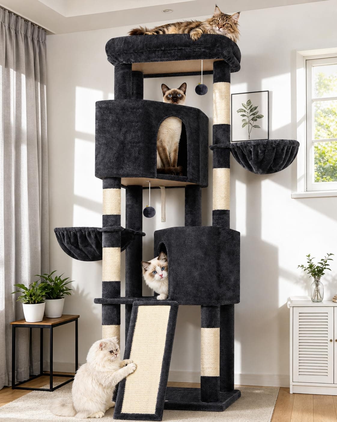Globlazer S69B Arbre à Chat XL Stable 180cm pour Grand Adulte Maine Coon | Arbre à chat avec 2 Grandes Niches, Planche Sisal, Grande Plateforme pour Gros Chats Grimpent Reposent Jeu Escalade