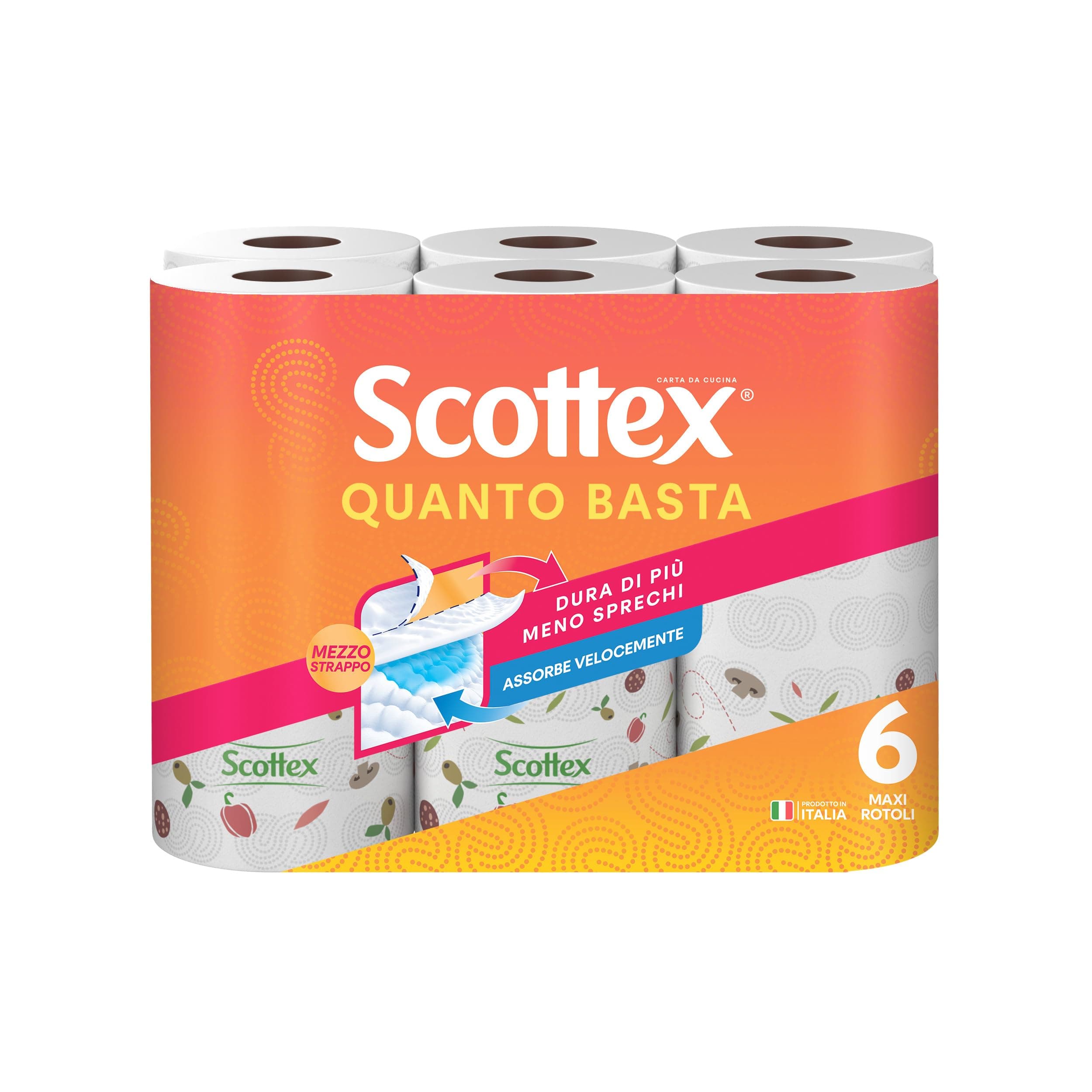 Scottex Quanto Basta, Carta Cucina, Opzione Mezzo Strappo, Con Carta certificata FSC, Confezione da 6 Maxi Rotoli