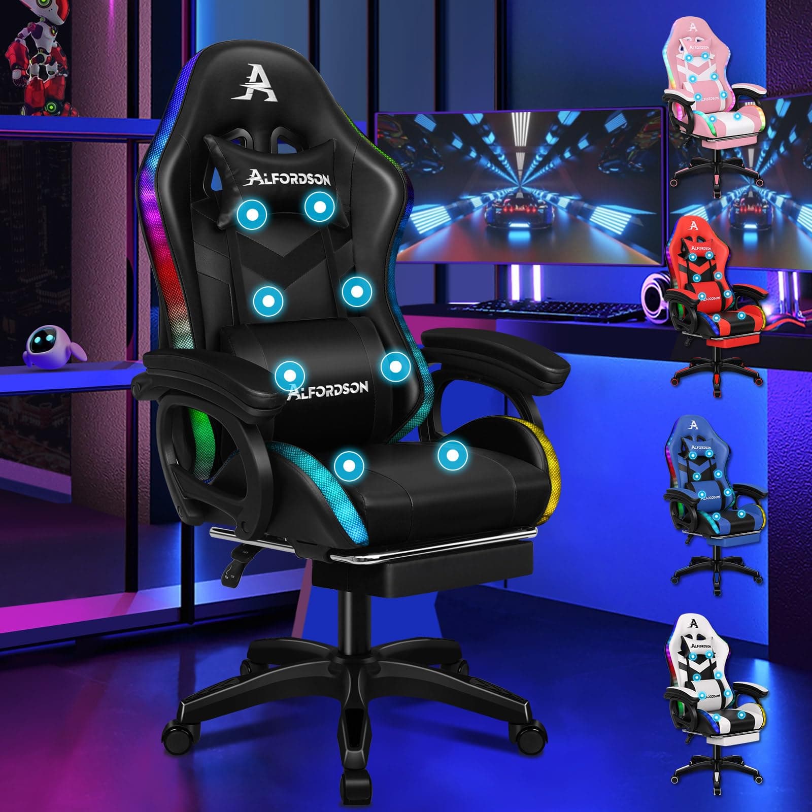 ALFORDSON Sedia Gaming Massaggiante con Luci LED,Sedia Ergonomica Gamer per Ufficio Domestico,Poltrona Scrivania con Poggiapiedi,Schienale Regolabile 90-150°,Portata 180KG, Similpelle(Nera)