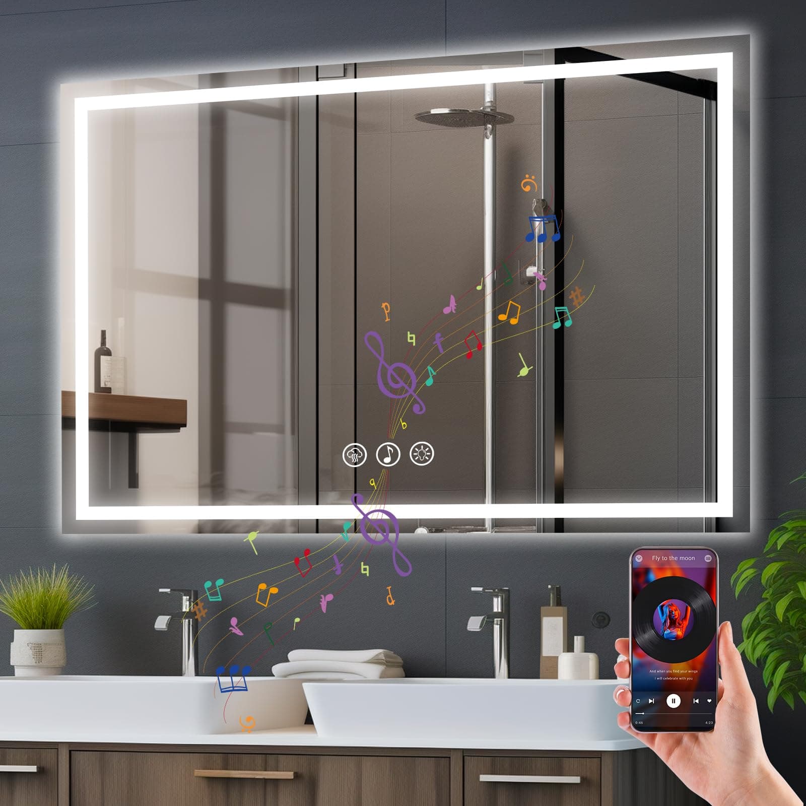 Simusi 70x100cm Specchio Bagno con Luce LED e Bluetooth, Specchio da Parete Antideflagrante con Luminosità Regolabile,3 Colori Luce, IP44 impermeabile, vetro temperato, Orizzontale/Verticale