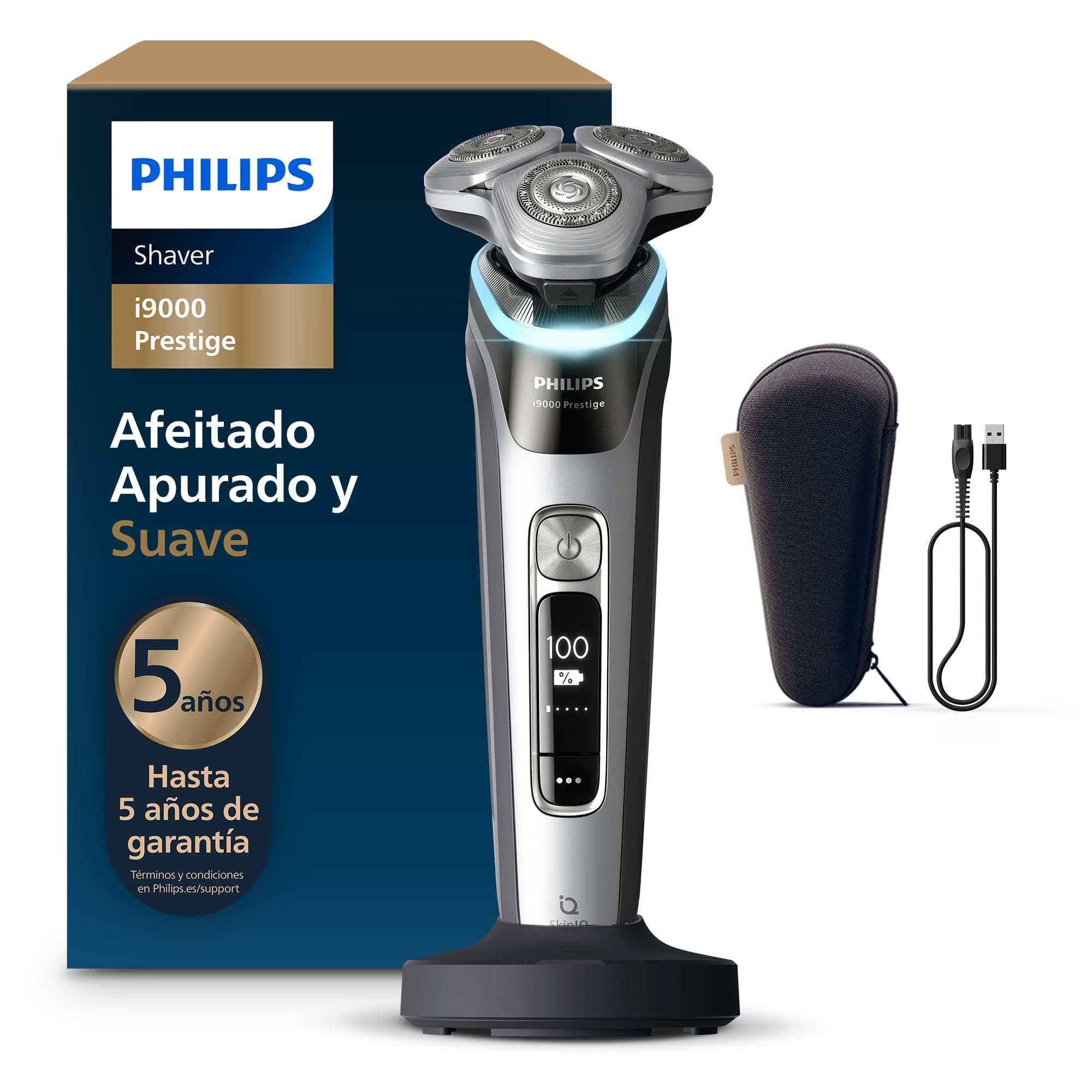 Philips i9000 Prestige, Afeitadora Eléctrica Hombre, Máquina de Afeitar Barba en Seco y Húmedo, Tecnología SkinIQ, Base de Carga, Recargable, Estuche de Viaje, XP9204/10