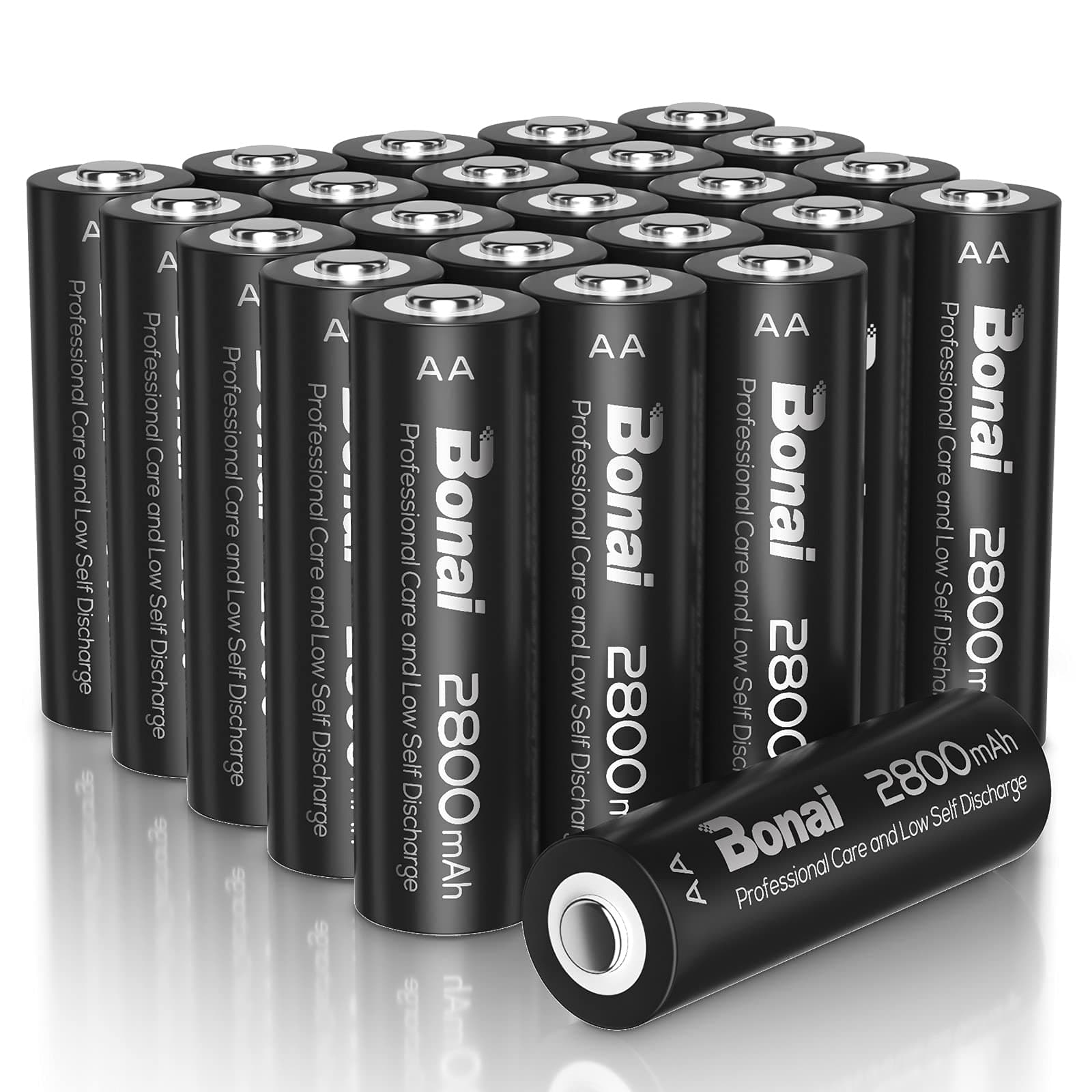 BONAI Lot de 24 Piles Rechargeables AA 2800mAh, 1.2V Ni-MH Haute Capacité, 1200 Cycles, Faible Auto-Décharge, Pack Économique pour Usage Intensif et Stockage Longue Durée