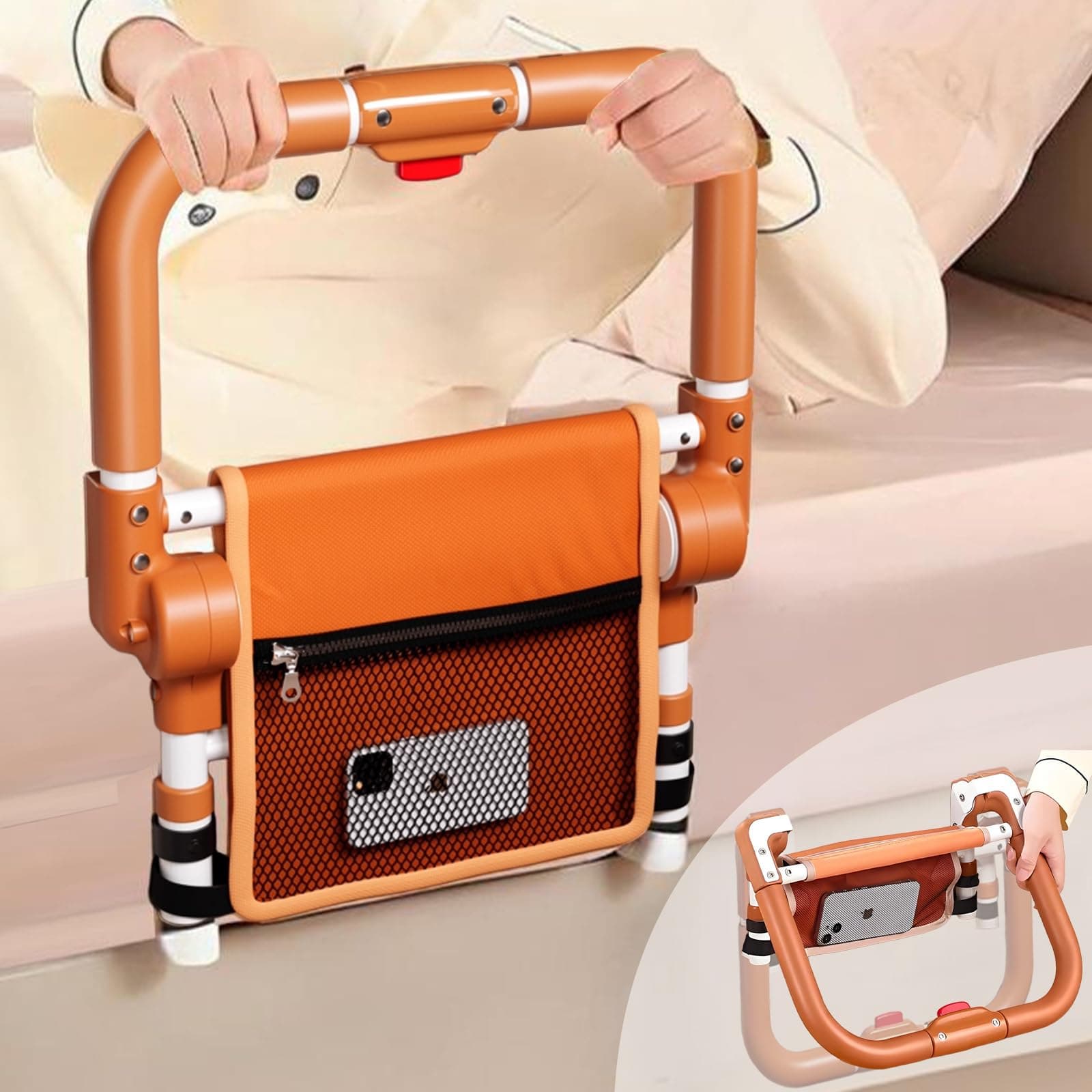 CYHWQ Barandilla Cama Adulto Plegable, Asidero Cama, 3 Alturas Ajustables con Bolsillo de Almacenamiento, Adecuado para Personas Mayores, Personas con Movilidad Reducida y Mujeres Embarazadas